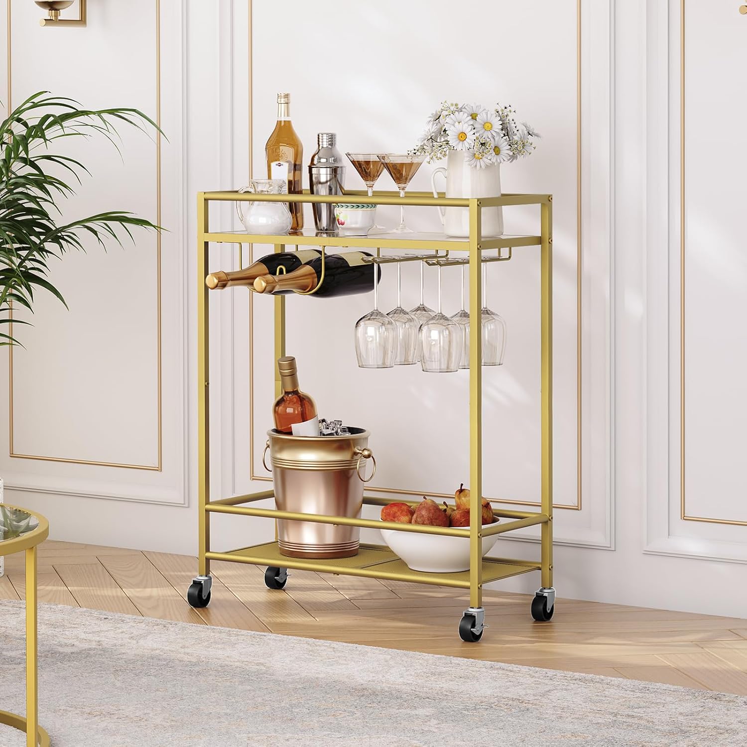 Gold Bar Cart, Beverage Cart with Wheels, Bar Cart for The Home, 2-Tier Drink Cart with Wine Rack and Glass Holder, Kitchen, Dining Room, Gold RCJ63B01Z