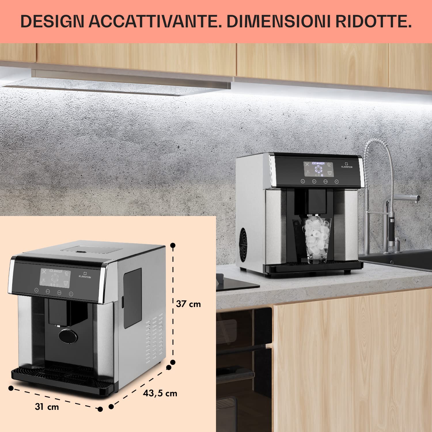 Klarstein Eiszeit - Macchina per il Ghiaccio, Macchina del Ghiaccio, 3 Forme Cubetti, 10-15 kg/24 H, Serbatoio Acqua: 3 L, Display LCD, Capacità Ghiaccio: 600g, Acciaio Inox Spazzolato, Argento