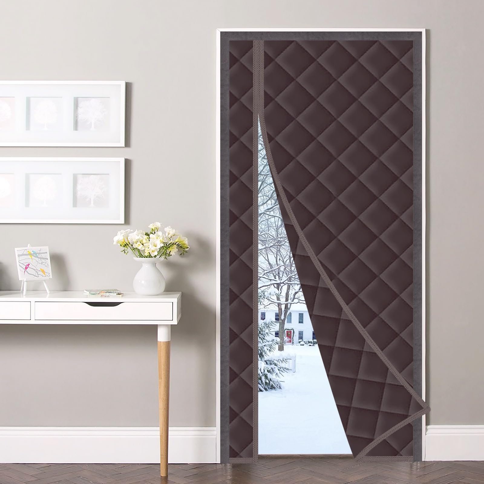 Anze Magnetic Thermal Insulated Curtain, Fits 32" X 80" Door, Waterproof Fabric Filled with Thick Cotton Insulation, Windproof, Side Opening, Brown