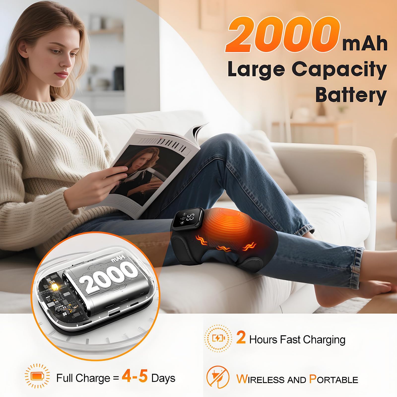 Kabellose Beheizte Kniebandage, 3 einstellbare Heiz- & Vibrationsmodi, 2000mAh Knie Massagegerät mit LED-Bildschirm & Touch-Tasten, 15 Minuten Zeit (Heated Knee Support)