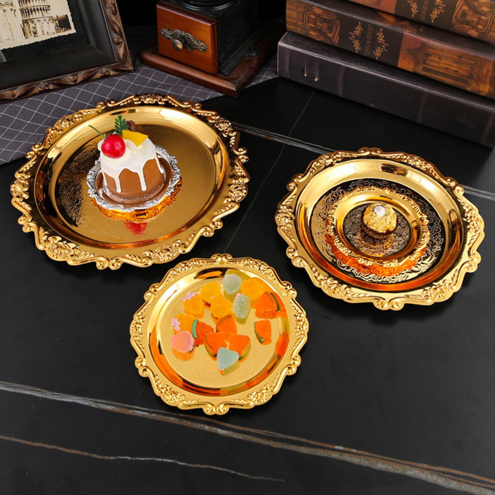 Juego de 6 elegantes platos de postre de aleación con soporte para frutas, aperitivos y bebidas de café, juego de platos de té de la tarde con bandeja para servir