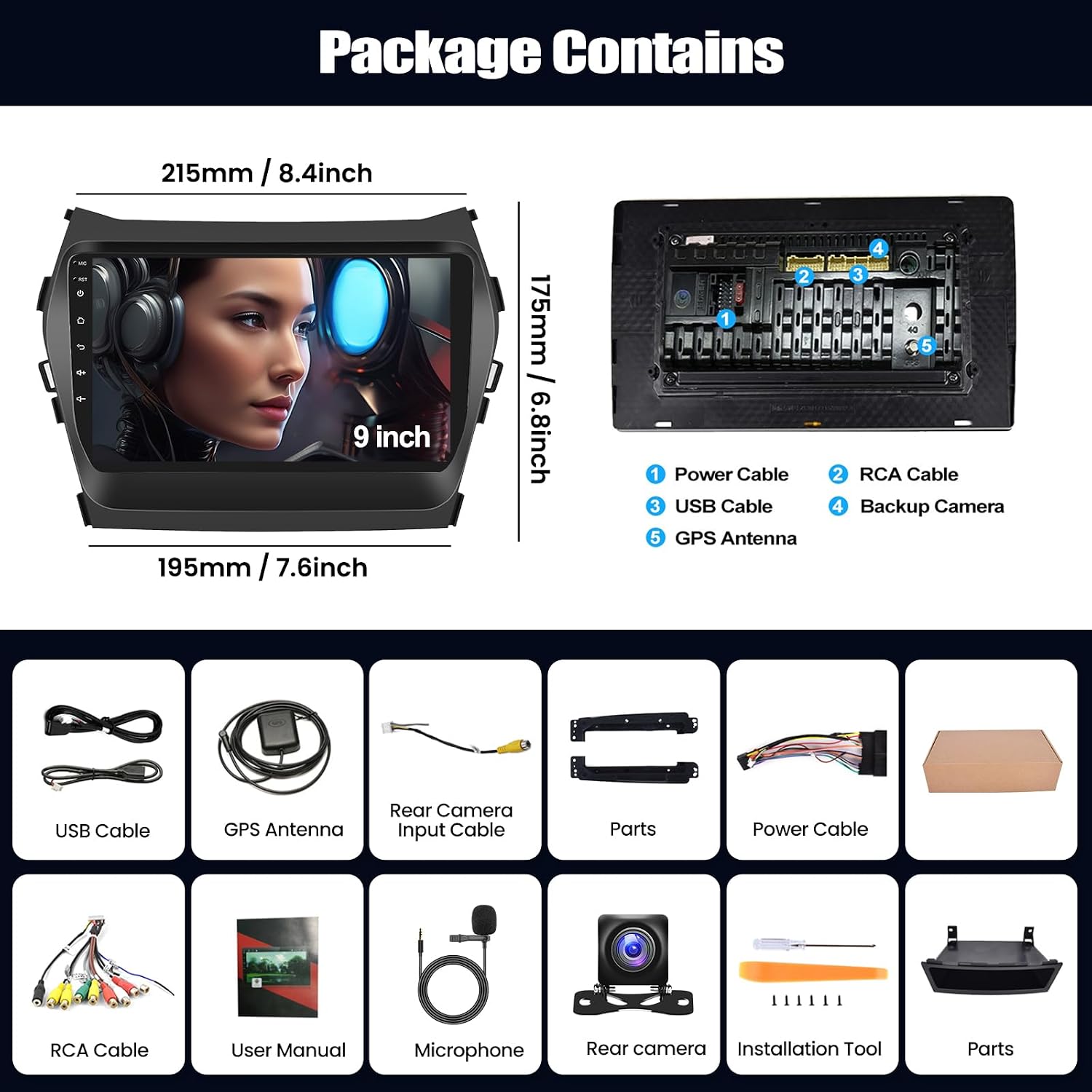 2G 64G for Hyundai Santa Fe IX45 2013-2018 Android Car Stereo, 9 Inch Touch Screen Car Radio with Wireless CarPlay Android Auto MirrorLink GPS WiFi FM HiFi Steering Wheel Control+AHD Backup Camera