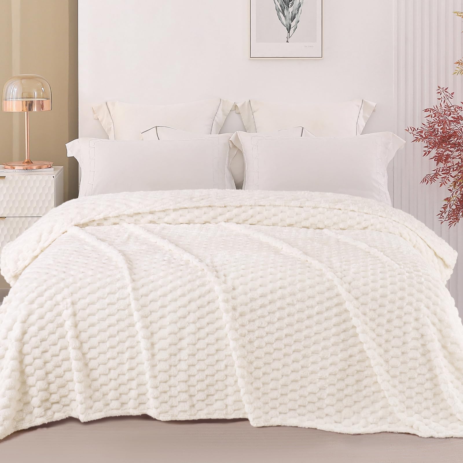 Exclusivo Mezcla Fleece Twin Blanket for Bed, Extra Large Fuzzy Ivory Bed Blankets, Soft Cozy Plush Sofa Throws for All Seasons, 90x66 Inches