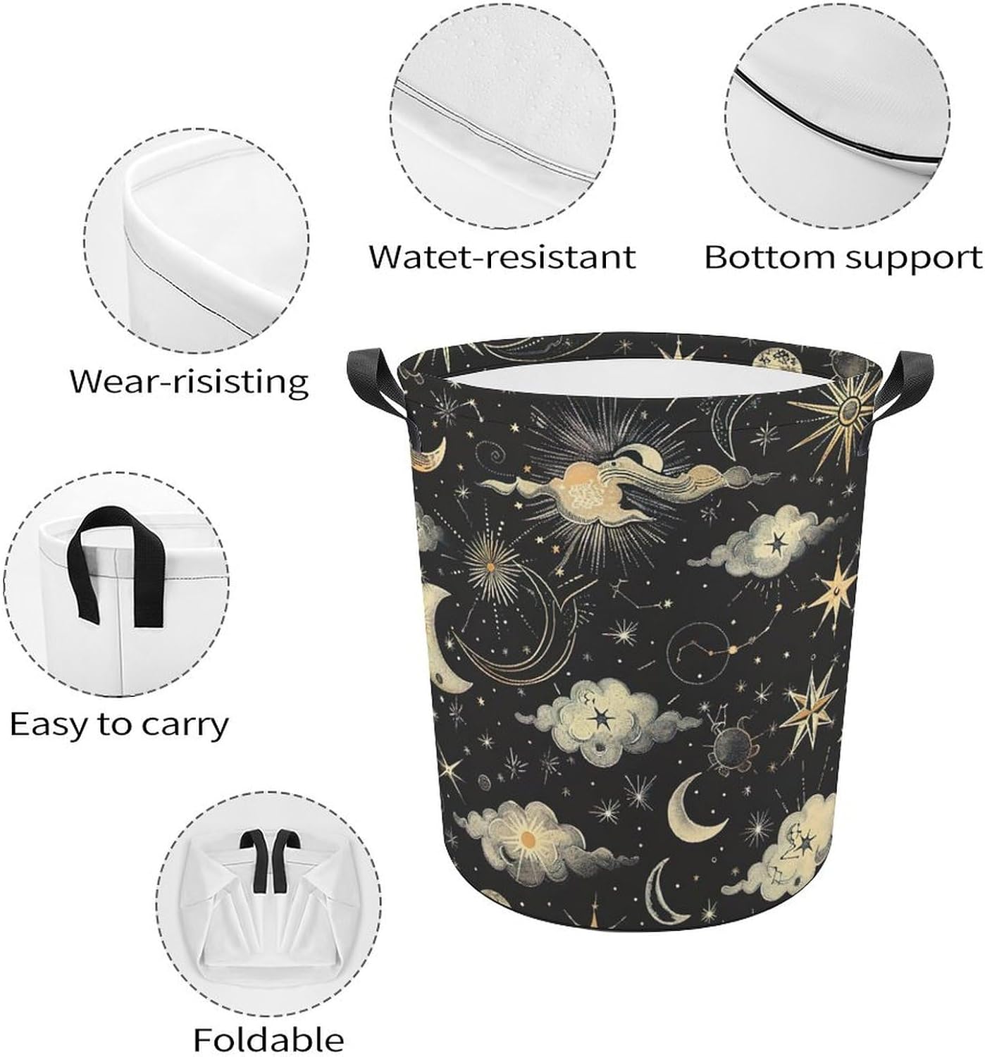 Stars And Moons Foldable Laundry Hamper with Handles, Waterproof Oxford Cloth Basket, Collapsible Storage for Bathroom Bedroom Dorm image 4