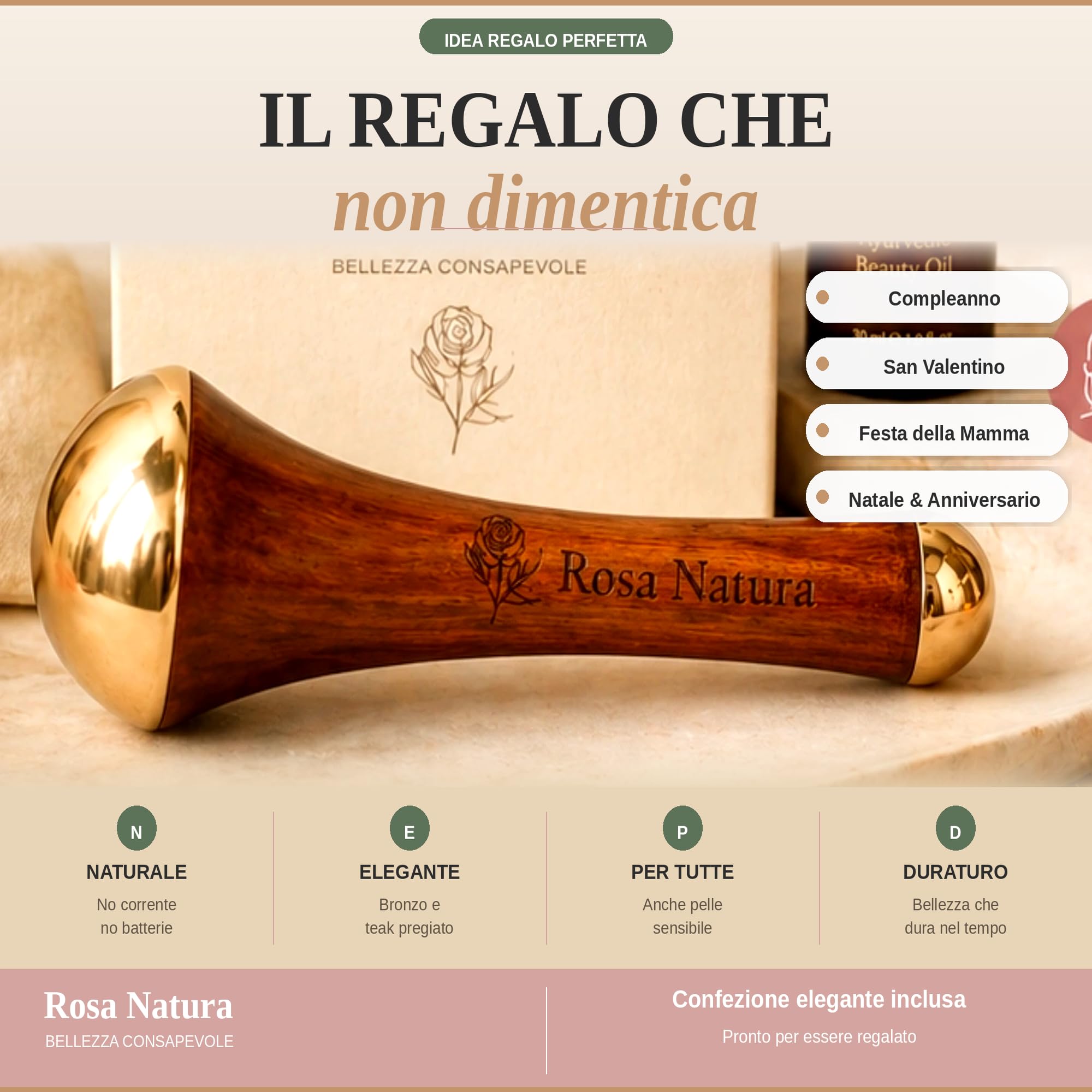 Kansa Wand Rosa Natura – Massaggiatore Viso Ayurvedico, Doppia Testa Bronzo e Teak, Effetto Lifting Naturale, Anti-Età, Pelle Luminosa e Distesa, Massaggio Viso e Collo