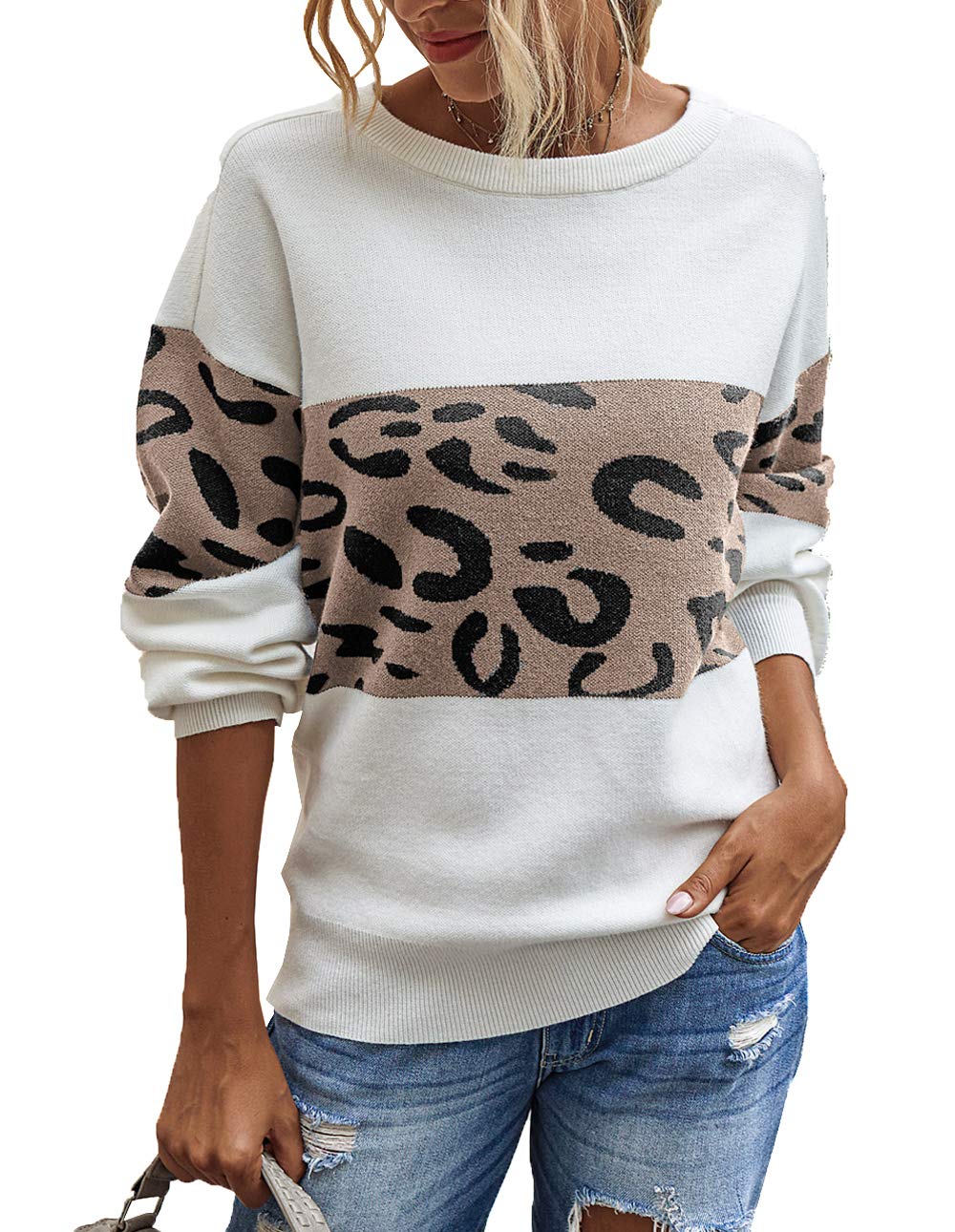 PRETTYGARDENWomen’s Casual Long Sleeve Off Shoulder Knitted Sweater Leopard  Print Color Block Loose Pullover Tops
