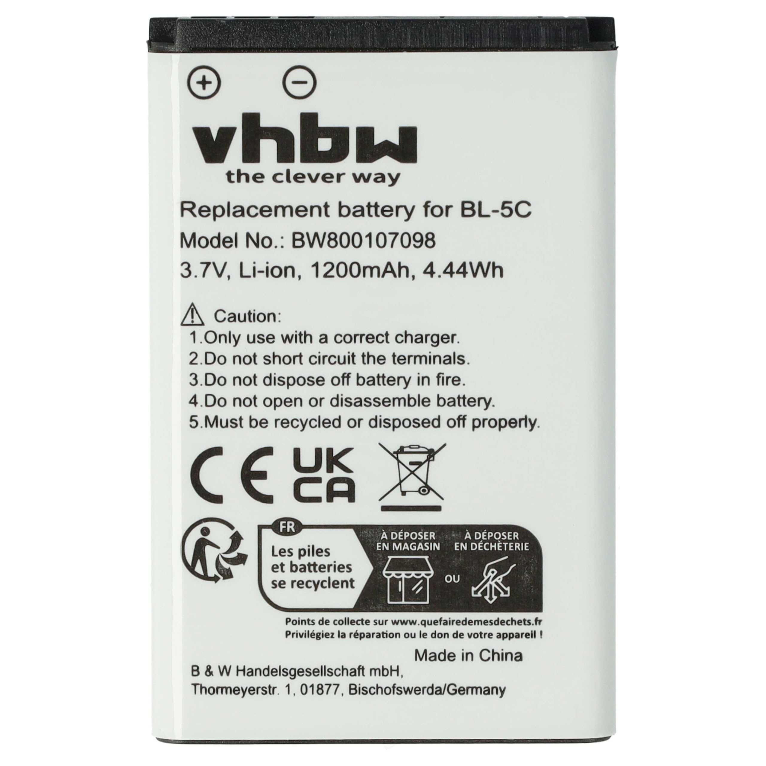 vhbw 1 x bateria wymienna BBK BK-BL-5C, BL-OS4, BP-MPB16, BP-75LI do smartfonów komórkowych (1200mAh, 3,7 V, Li-ion)