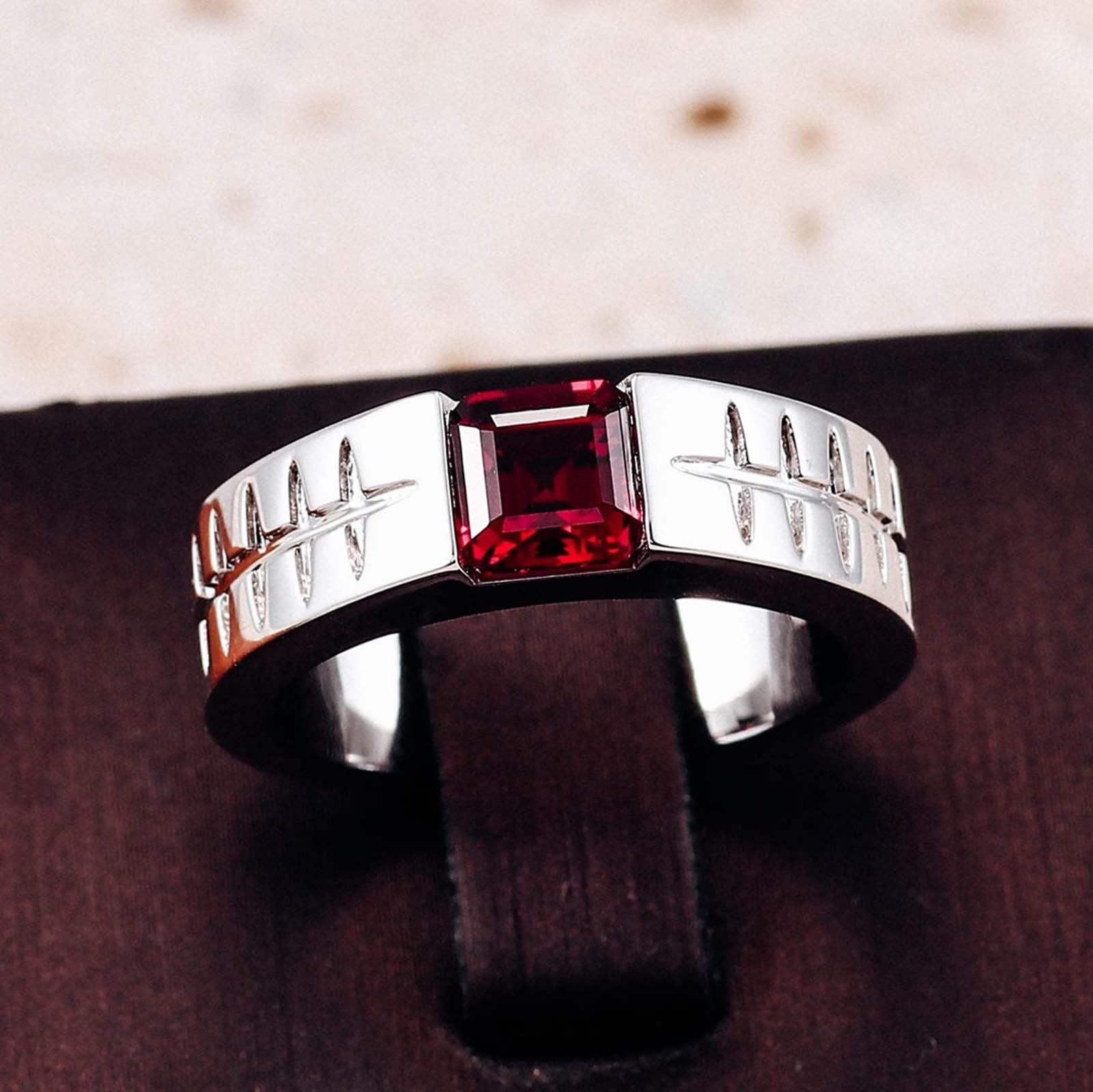 AMDXD Bague de fiançailles en or blanc véritable 375/585/750, largeur 6 mm, bague classique avec rubis carré rouge, 9 K/14 K/18 K, taille 47-62
