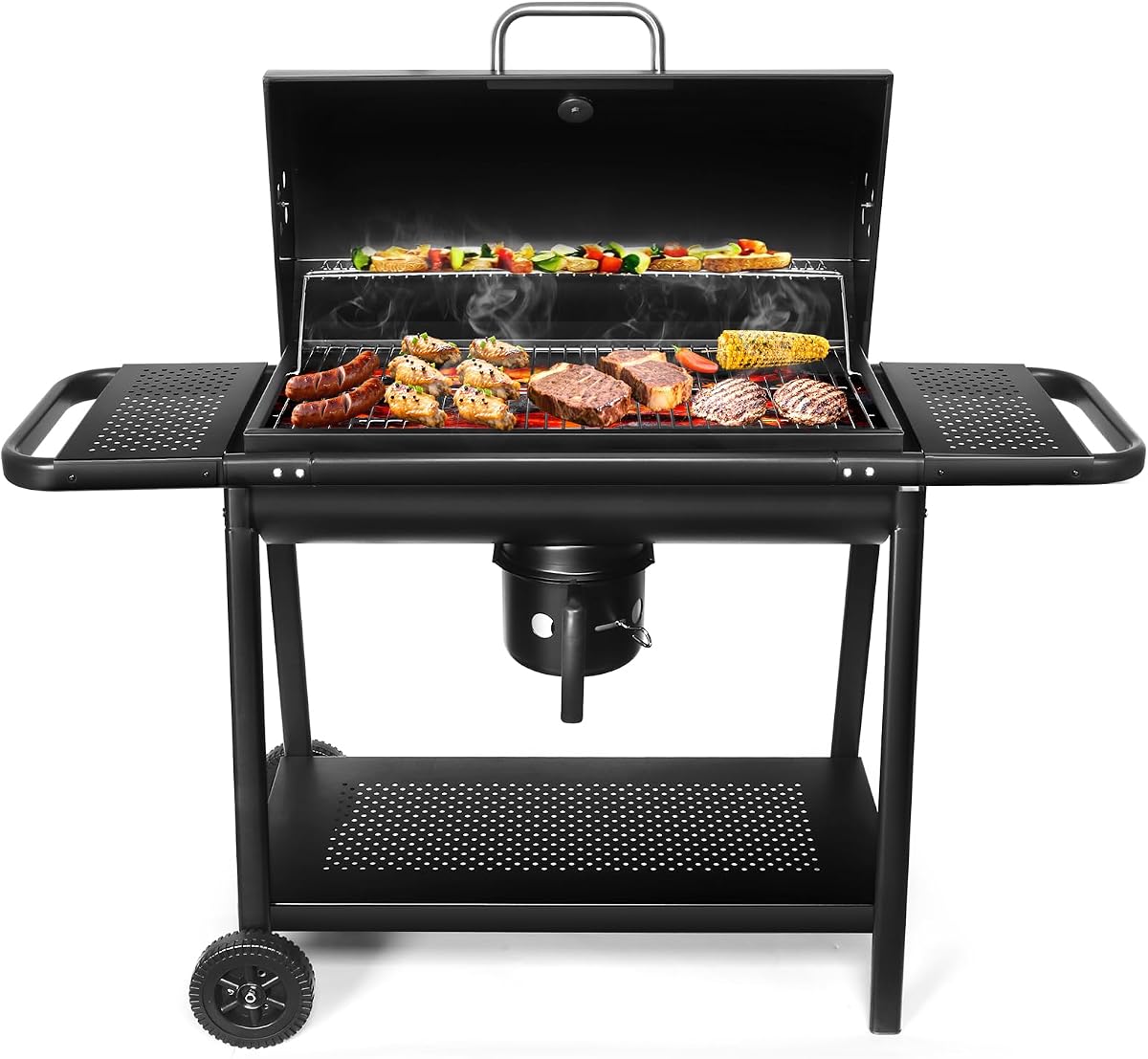 Realcook BBQ Barrel Charcoal Grill: Spacious Premium Outdoor Barbecue Grill | with Side Tables - Perfect for Outdoor Cooking Backyard Grilling Patio Tailgating Camping Picnic and Party