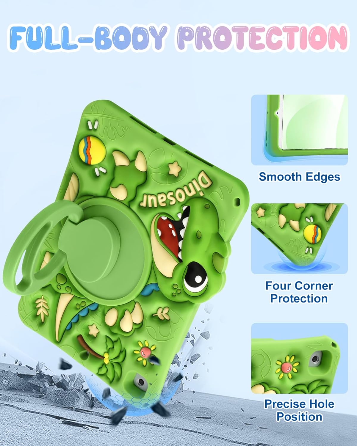Boaretiu for iPad 6th/5th Gen Case, for iPad Air 2nd/Air 1st/Pro 9.7 inch 2016 Case - Cute Cartoon Silicone Cover with Adjustable Shoulder Strap & Rotating Stand for Kids Boys Girls, Green Dinosaur