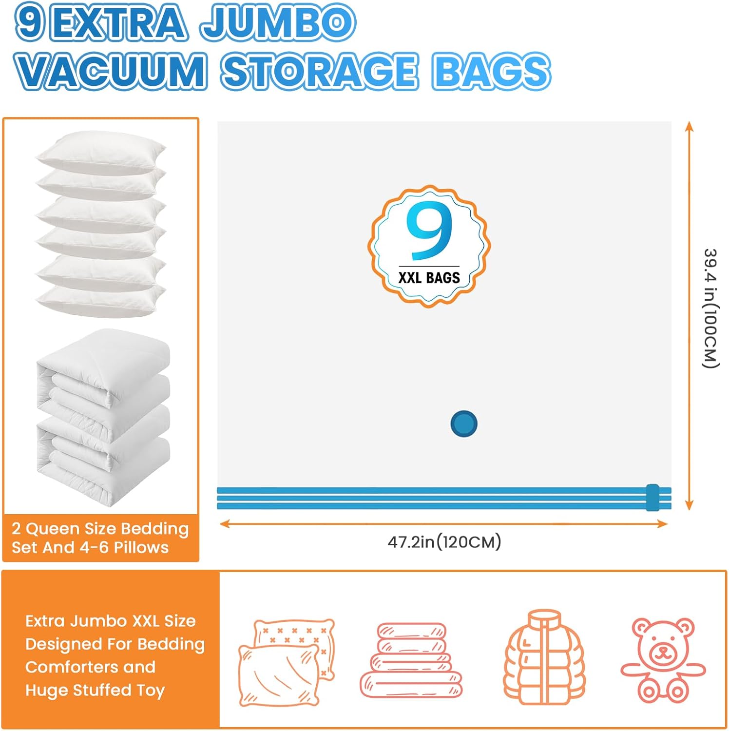 9 Pack XXL Jumbo Vacuum Storage Bags, Double-layer Design Leak-proof and Puncture-resistant, Extra Large Space Saver Vacuum Seal Bags for Comforters, Bedding, Blankets, Huge Stuffed Toy (47.2x39.4 in) - Image 4