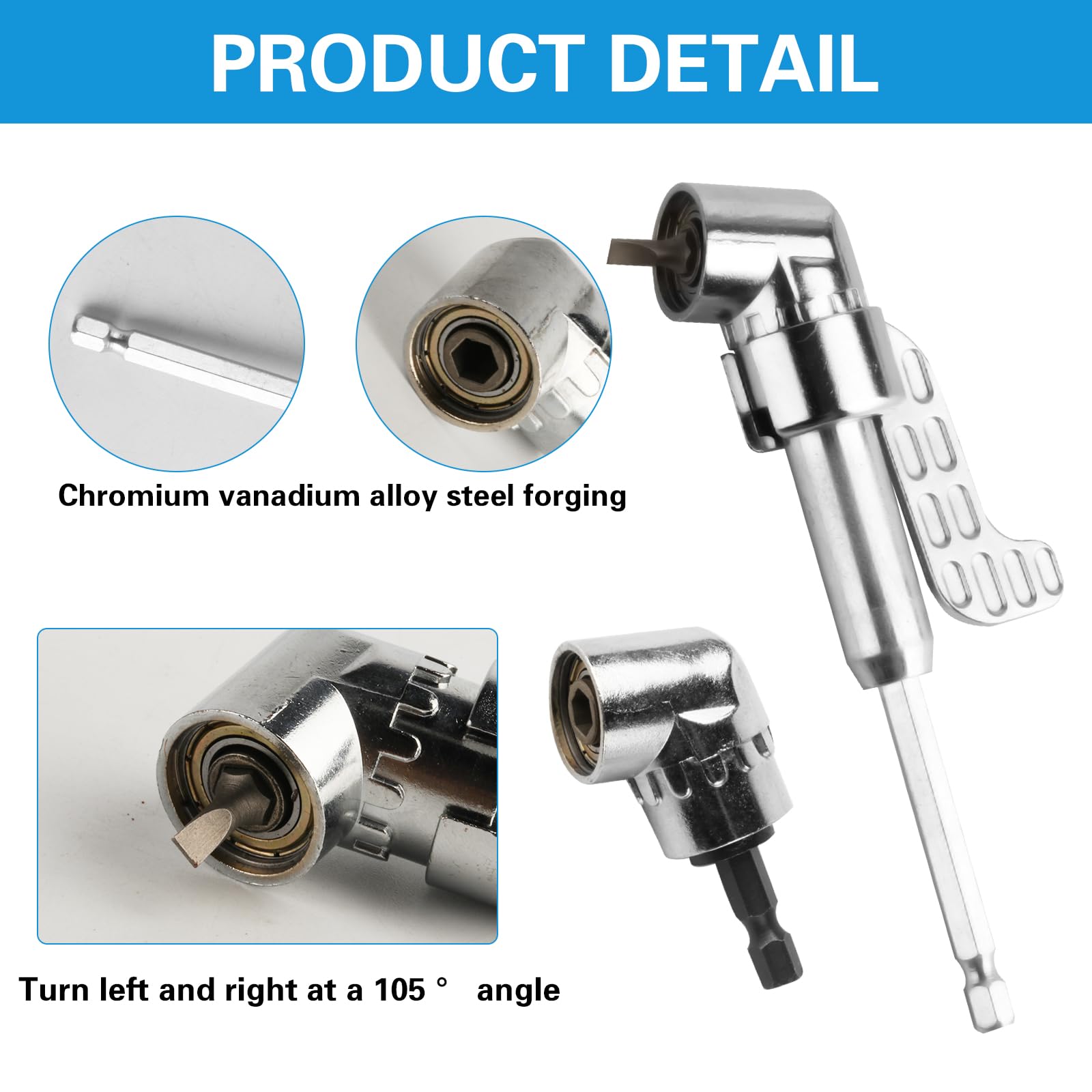 2 fixations pour perceuse à angle droit, 90 degrés 105 degrés à angle droit set d'adaptateurs pour perceuse hexagonale de 1/4 pouce, pour perceuses à piles tournevis (1 court, 1 longue), + 1 barre de