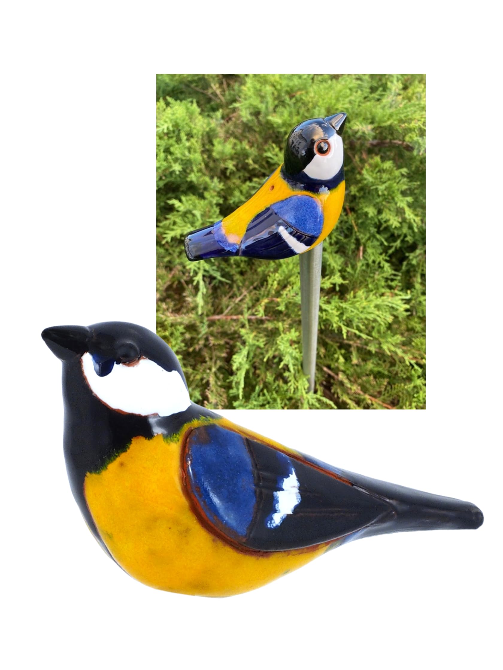 Gartenstecker Keramik Handgefertigt - Gartendeko für Draußen Wetterfest - Garten Deko Keramik - Vogel Gartenfiguren & Gartenstatuen - Blaumeise/Meise