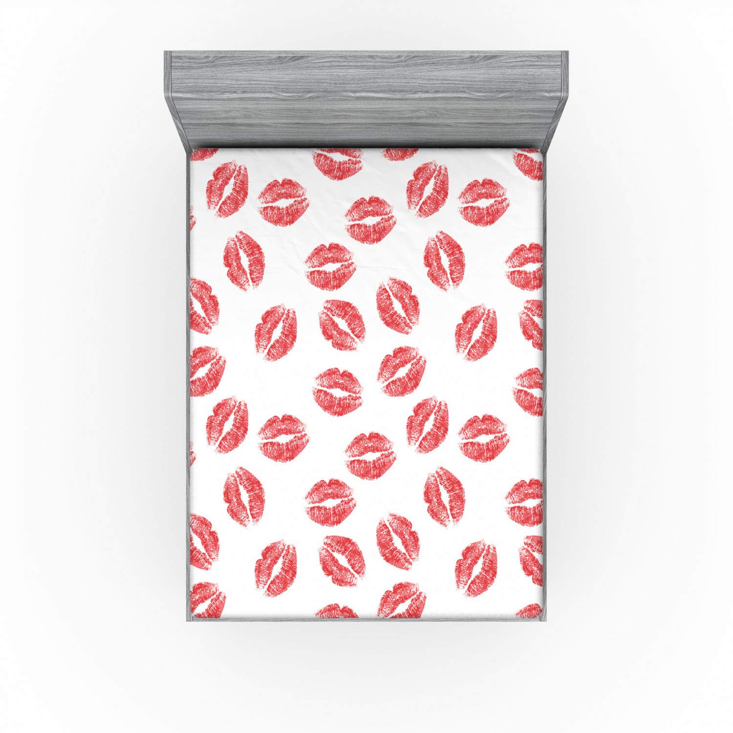 Ambesonne Feminine Fitted Sheet, Pattern of Lipstick Kiss Marks Woman Valentines Wedding Theme Illustration, Bed Cover with All-Round Elastic Pocket for Comfort, California King, Dark Coral White