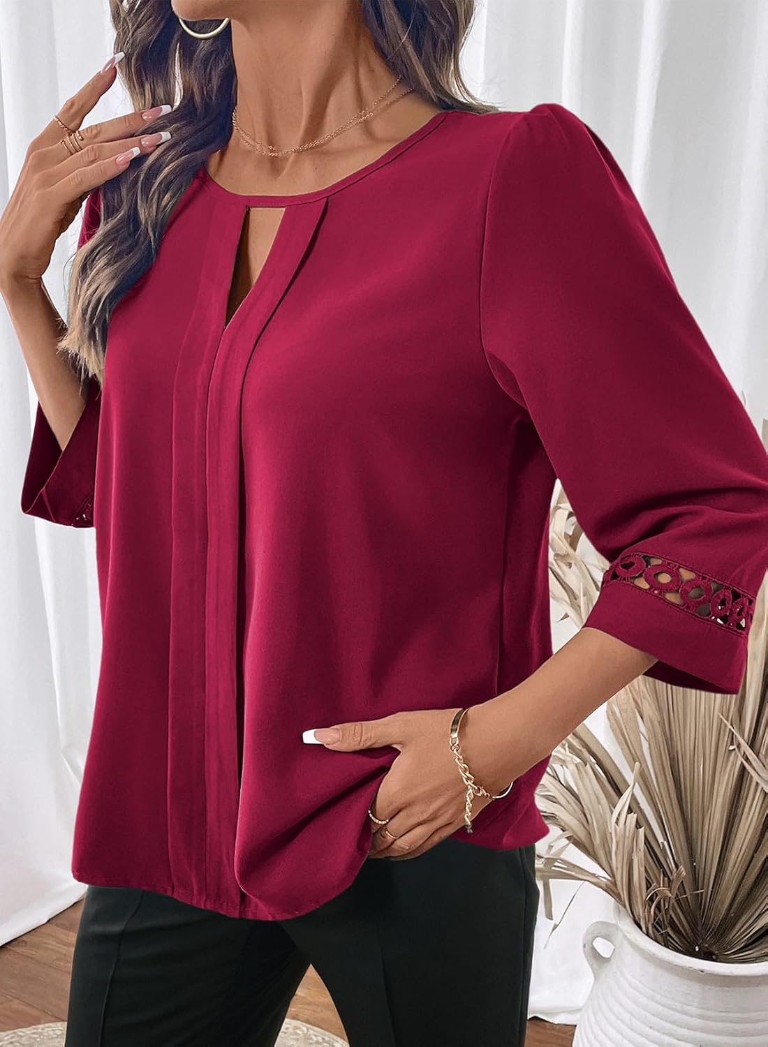 Dokotoo Womens 3/4 Sleeve Tops Dressy Blouses Crewneck Business Casual Office Shirts Clothes - Image 4