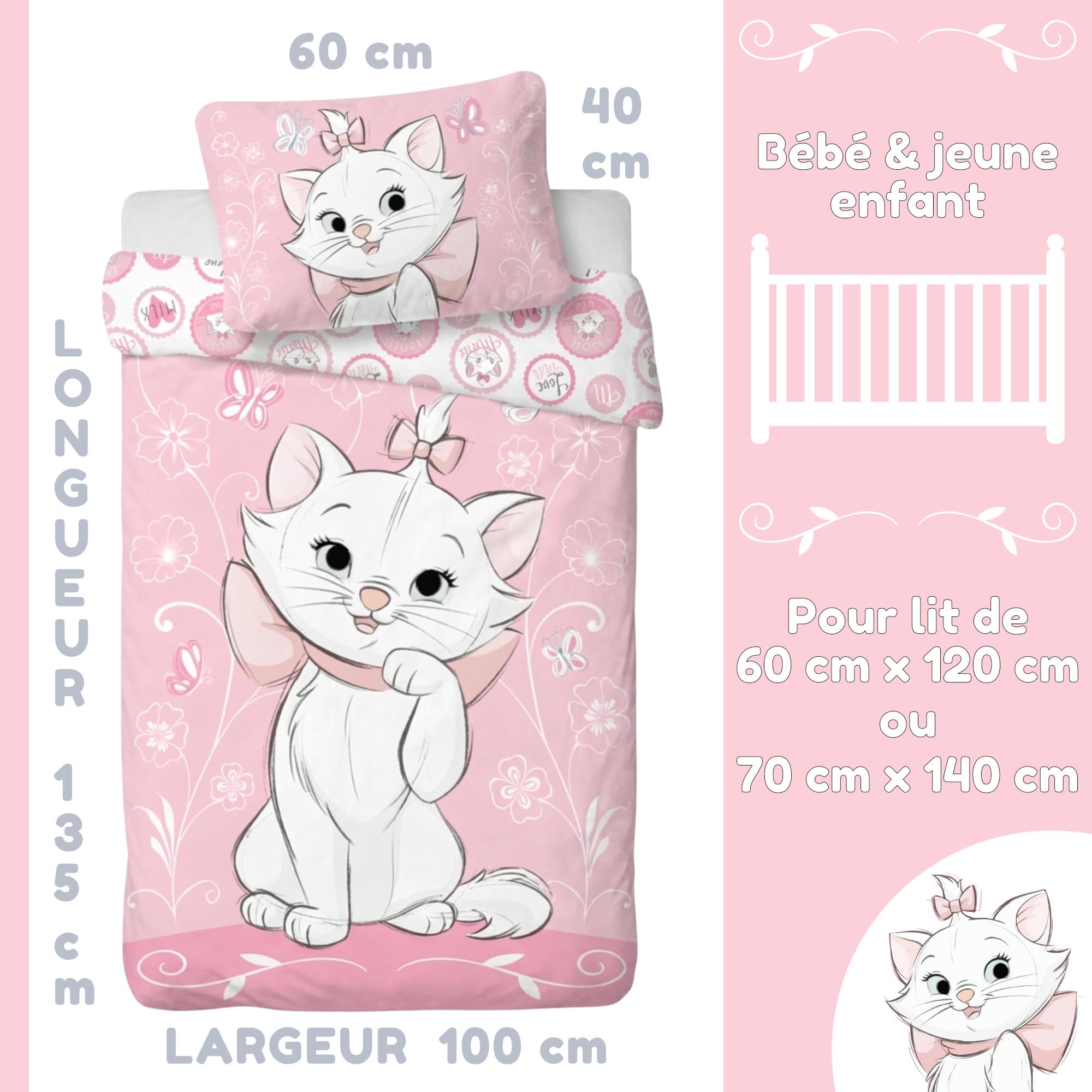 Housse de Couette bébé 100x135 cm Marie Les Aristochats et taie d'oreiller 40x60 cm | Parure de lit Bebe idéal lit de 60x120 cm jusqu'à 70x140 cm| Linge de lit pour Les Tout Petits 100% Coton