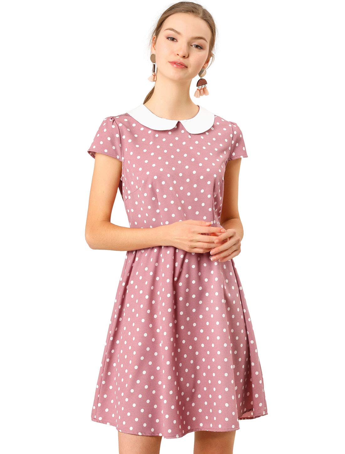 Allegra KWomen's Peter Pan Collar Short Sleeves Contrast A-Line Polka Dots Dress