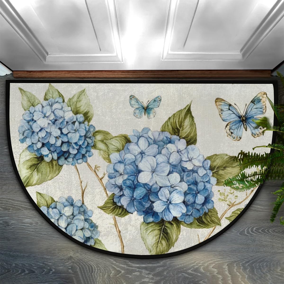 Cmizedevise Hydrangea Floral Half Round Door Mat, Indoor Outdoor Entrance Way Mat, Absorbent Microfiber Welcome Entryway Mat, Washable Inside Front