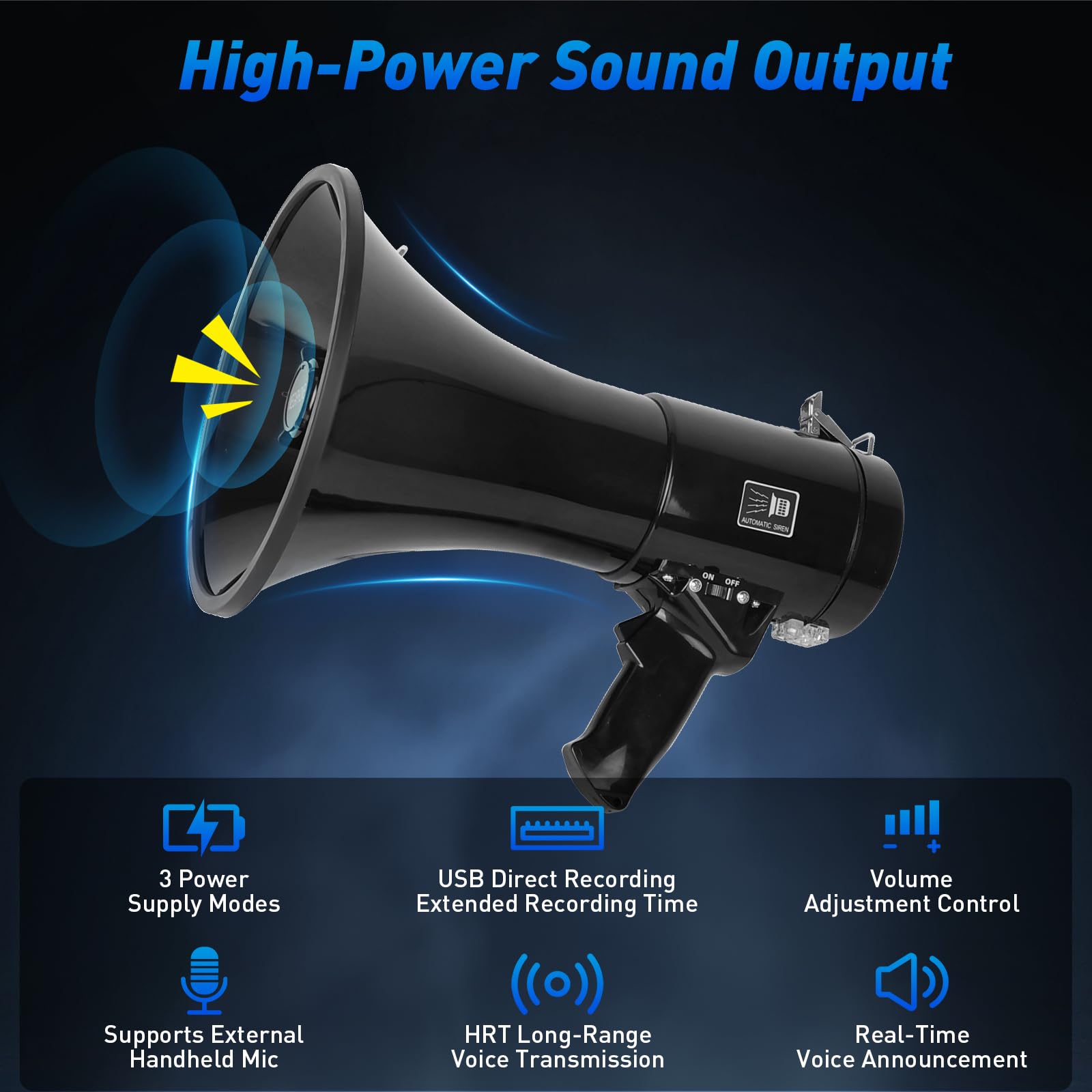 JAOGAUS Megáfono 100W con Bluetooth, Grabación, Sirena, Micrófono Externo, USB, Doble Alimentación