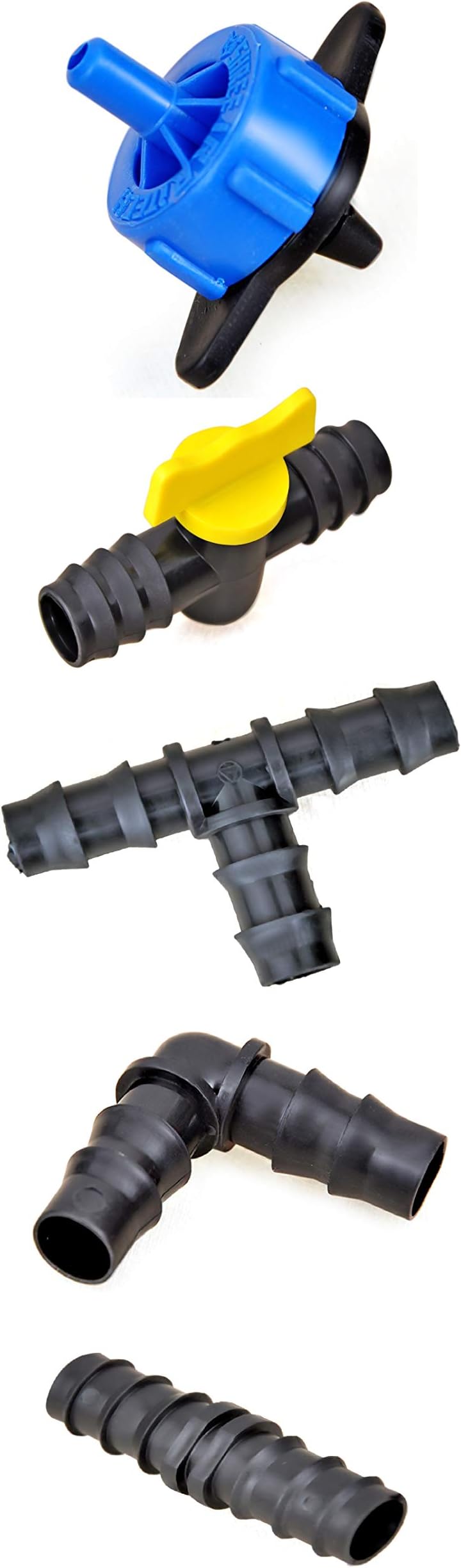 Rainflow Drip Irrigation Accessories Combo for 50 plants-Dripper-50, Elbow-10, Tee-10, Straight Connector with tap-10, Straight joiner-10; Size: 16mm
