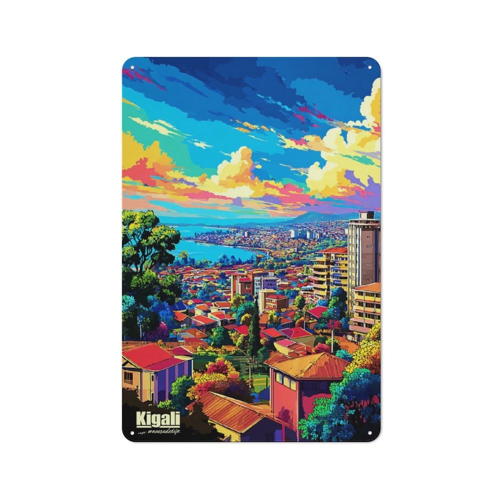 Junmoney Kigali Cityscape With Vibrant Sky Retro Metal Sign With Design 30X20cm, Distressed Look Retro Room Decor For Living Room, Hallway, Kitchen Or Cafe