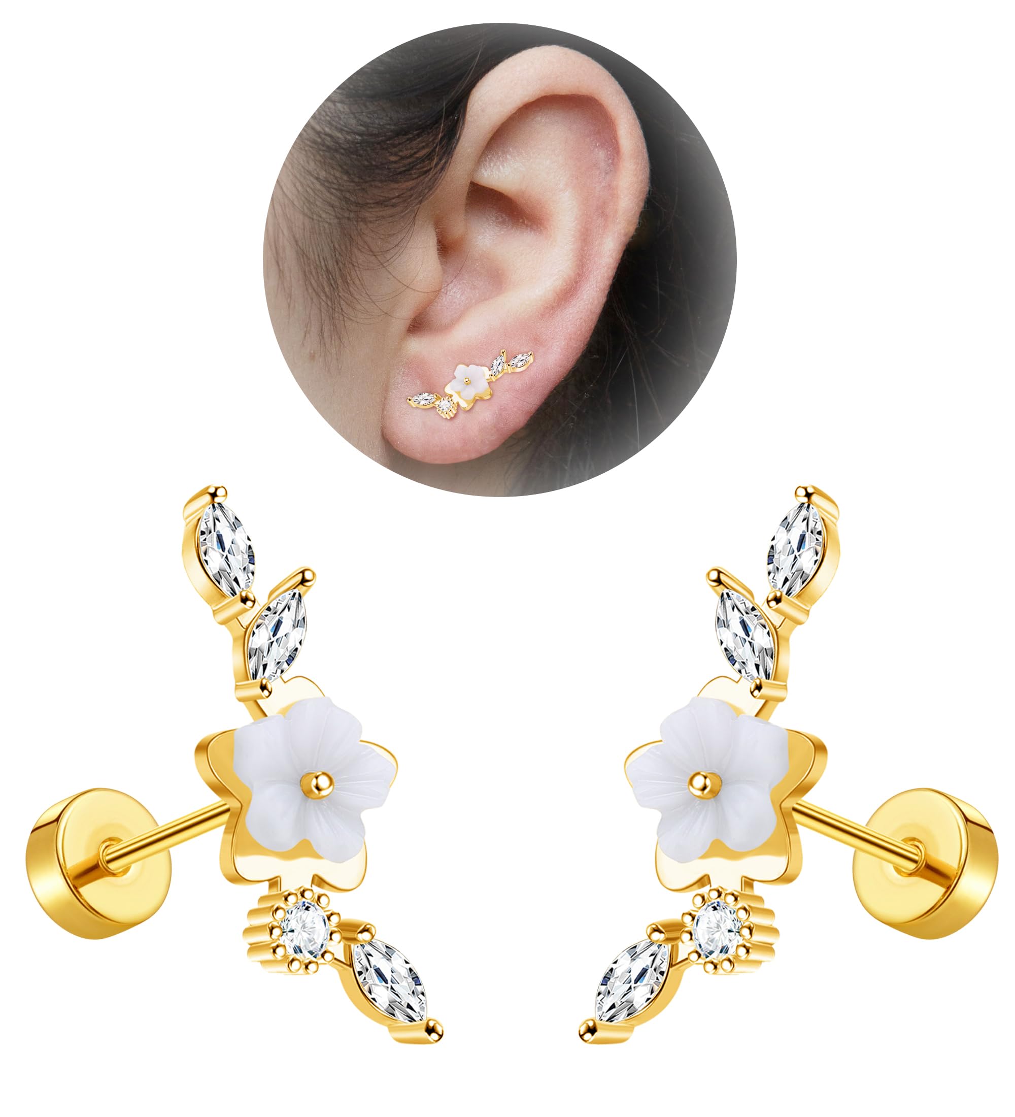 EnticeraEnticera 20G Cartilage Earrings for Women 14K Gold Stainless Steel Flat Back Cartilage Stud Earrings for Sensitive Ear Leaf Opal CZ Handmade Helix Conch Piercing Jewelry Gold Flower