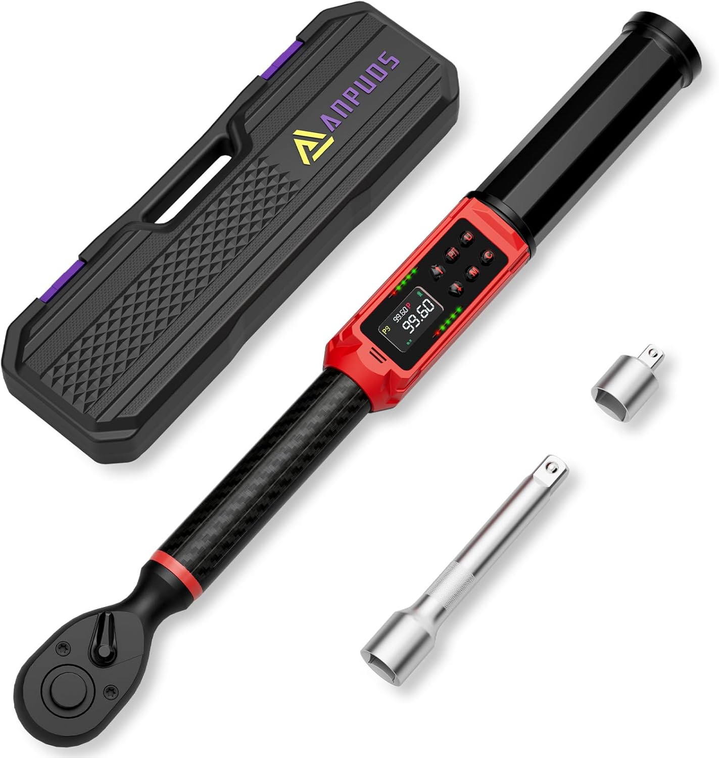 Digital Torque Wrench 3/8 Drive, Carbon Fiber Tube, 1.5-99.6Ft.lb/2-135Nm, ±1% Accuracy, Electric Torque Wrench Set with 3/8" to 1/2" Adapter, 125mm Extension Bar for Bike & Motorcycle 3/8-Inch 1.5-99.6 ft-lb / 2-135 Nm