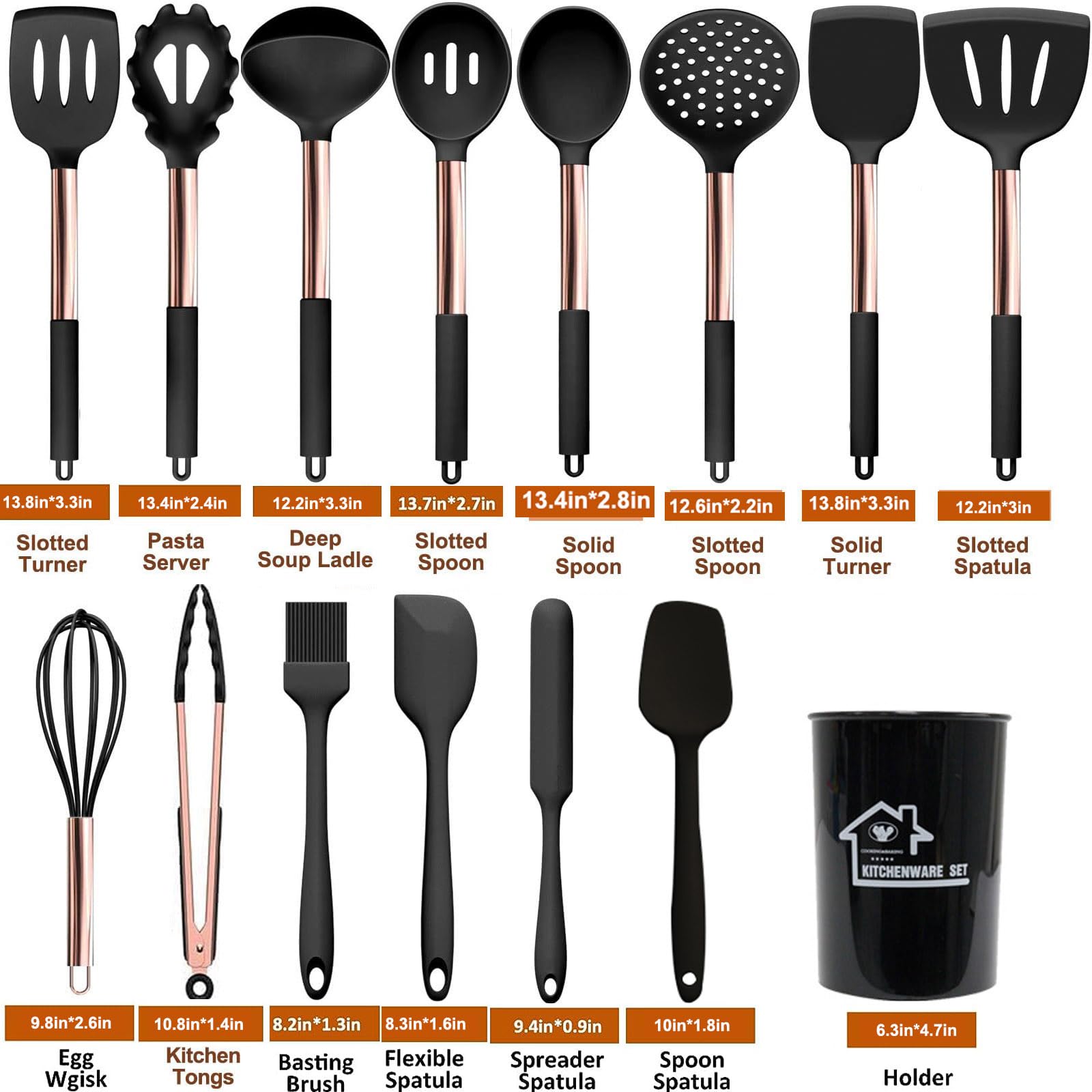 UXIYI Kitchen Utensils Set, Silicone Cooking Utensils, 27Pcs Spatula Set including Rose Gold Stainless Steel Handle,Black - Image 2