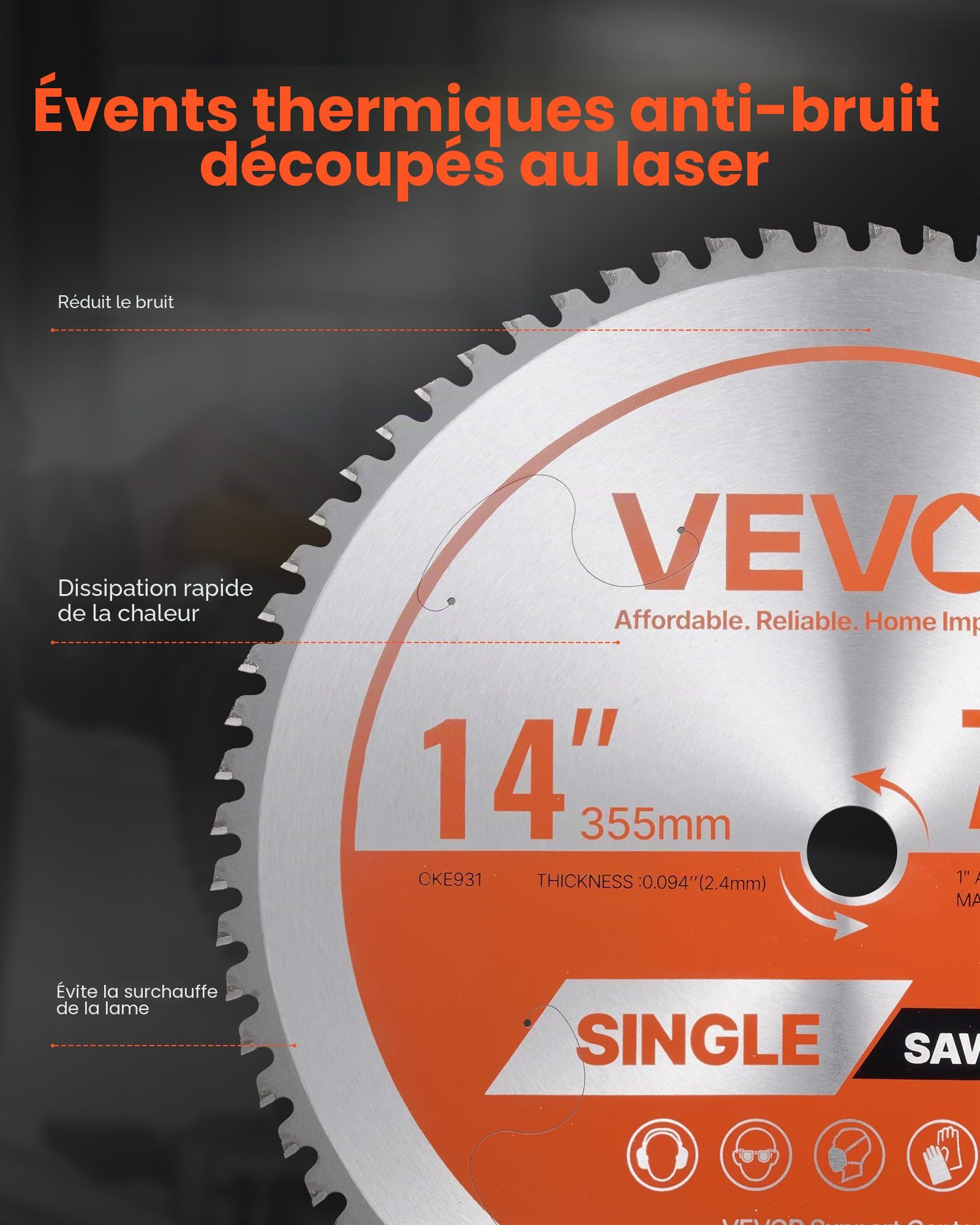 VEVOR Lame de scie circulaire, Ø 355 mm, lame de coupe pour scie circulaire, 72 dents alliage, arbre 25,4 mm, finition soignée, avec évents de chauffage antibruit, pour couper aluminium, acier, métal