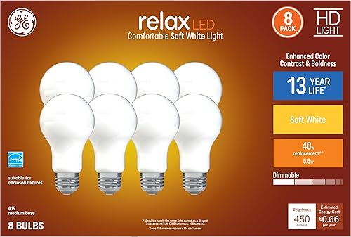 GE Relax 44898 - Paquete de 8 bombillas LED A19 equivalentes a 40 W, color blanco cálido