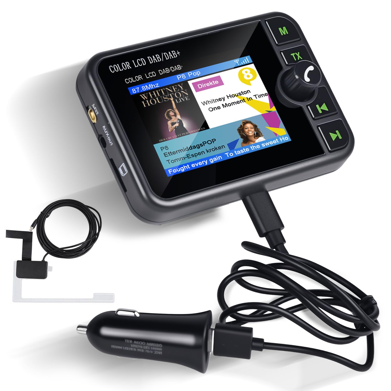 DAB/DAB+ Adapter für Auto - 2,4 Zoll LCD Display mit FM-Sender & Bluetooth für Autoradio - AUX-Eingang & TF-Karten MP3-Player - Autoscan & Service-Following Funktion