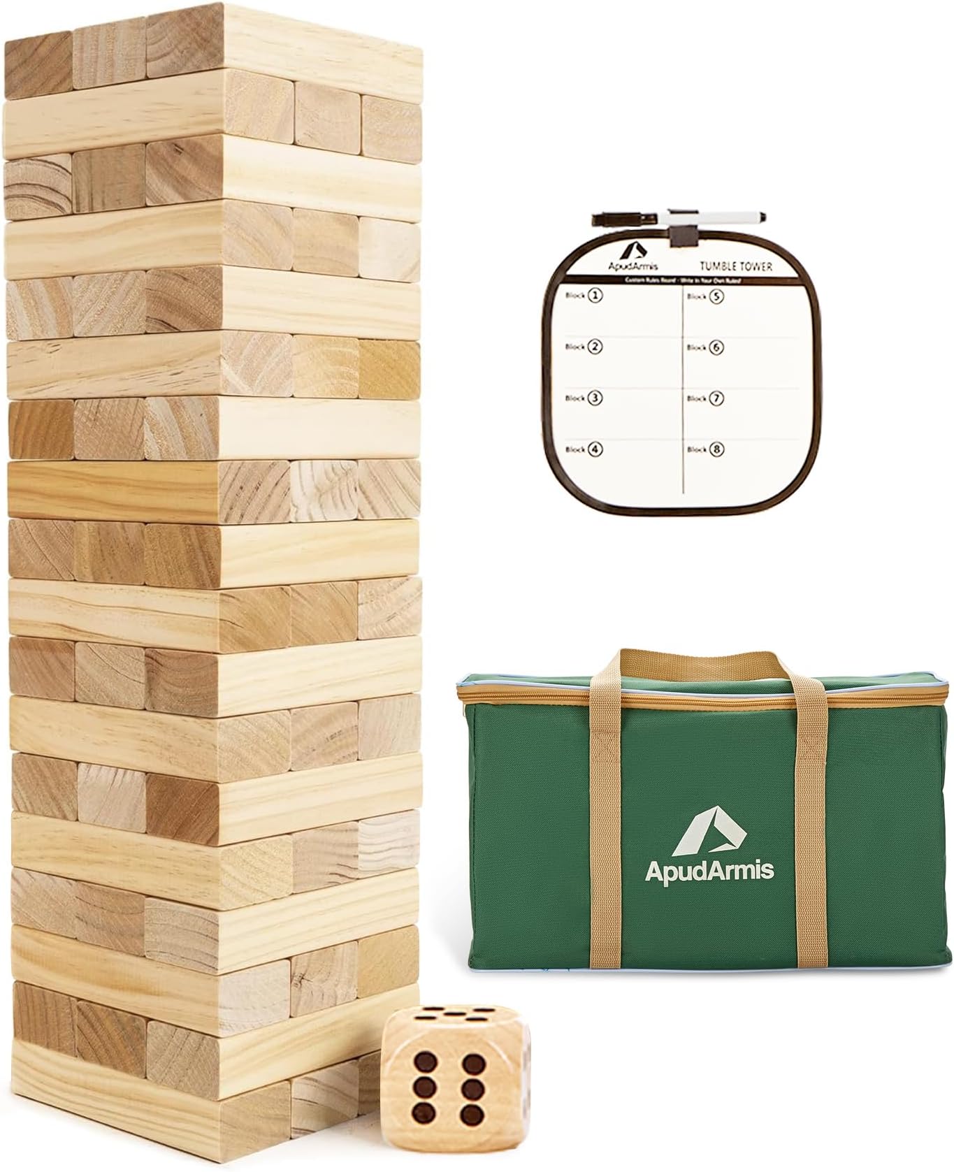 ApudArmis Giant Tumble Tower (Stack from 2Ft to Over 4.2Ft), 54 PCS Pine Wooden Stacking Timber Game with 1 Dice Set - Classic Block Giant Outdoor Game for Teens Adults Family
