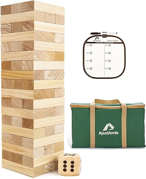 ApudArmis Giant Tumble Tower (Stack from 2Ft to Over 4.2Ft), 54 PCS Pine Wooden Stacking Timber Game with 1 Dice Set - Classic Block Giant Outdoor Game for Teens Adults Family
