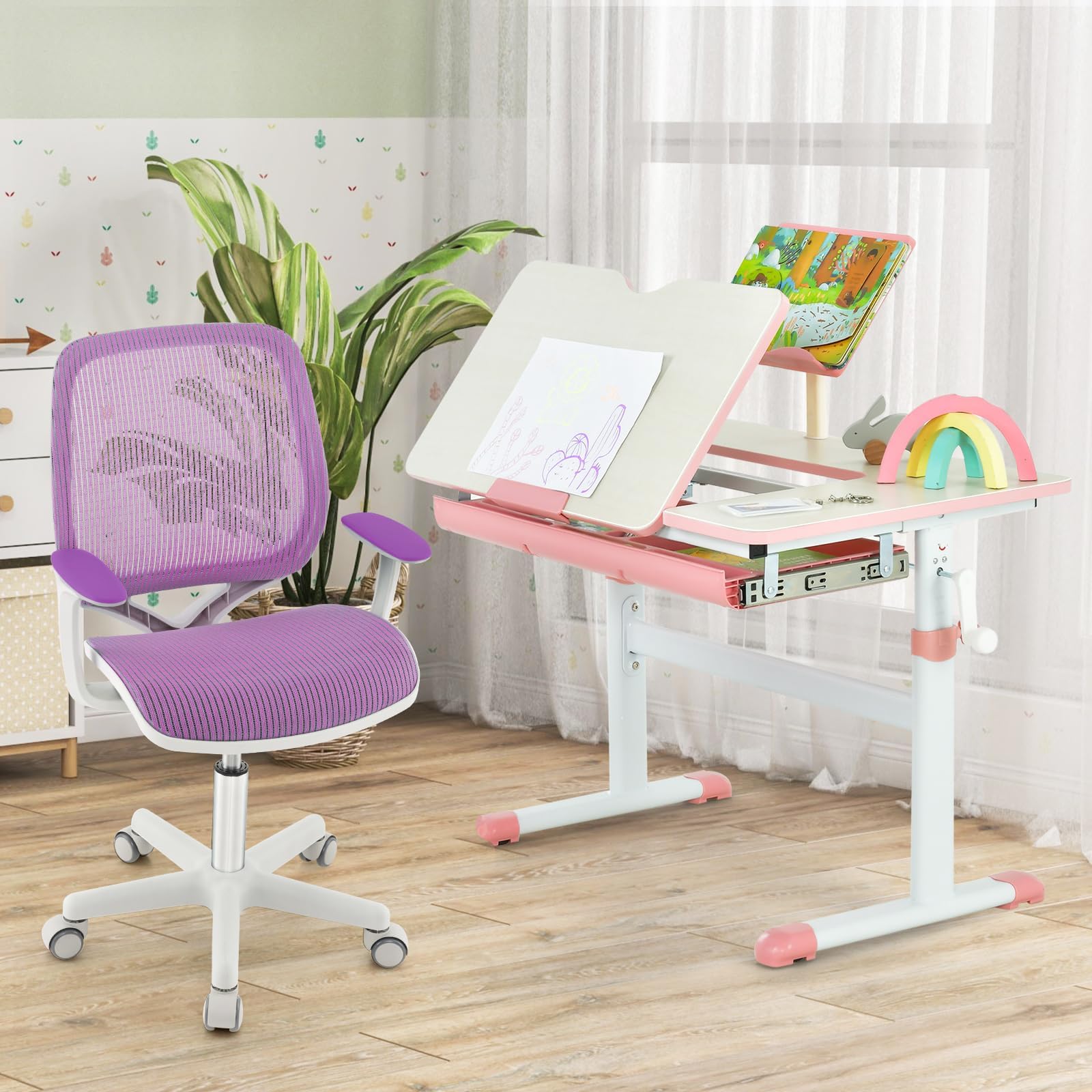 COSTWAY Kinder Schreibtischstuhl 360° drehbar, Sitzhöhe 43-55cm höhenverstellbar, Kinderdrehstuhl ergonomisch mit Rollen, Bürostuhl mit Rückenlehnen & Armlehnen für Kinder ab 6 Jahren (Lila)
