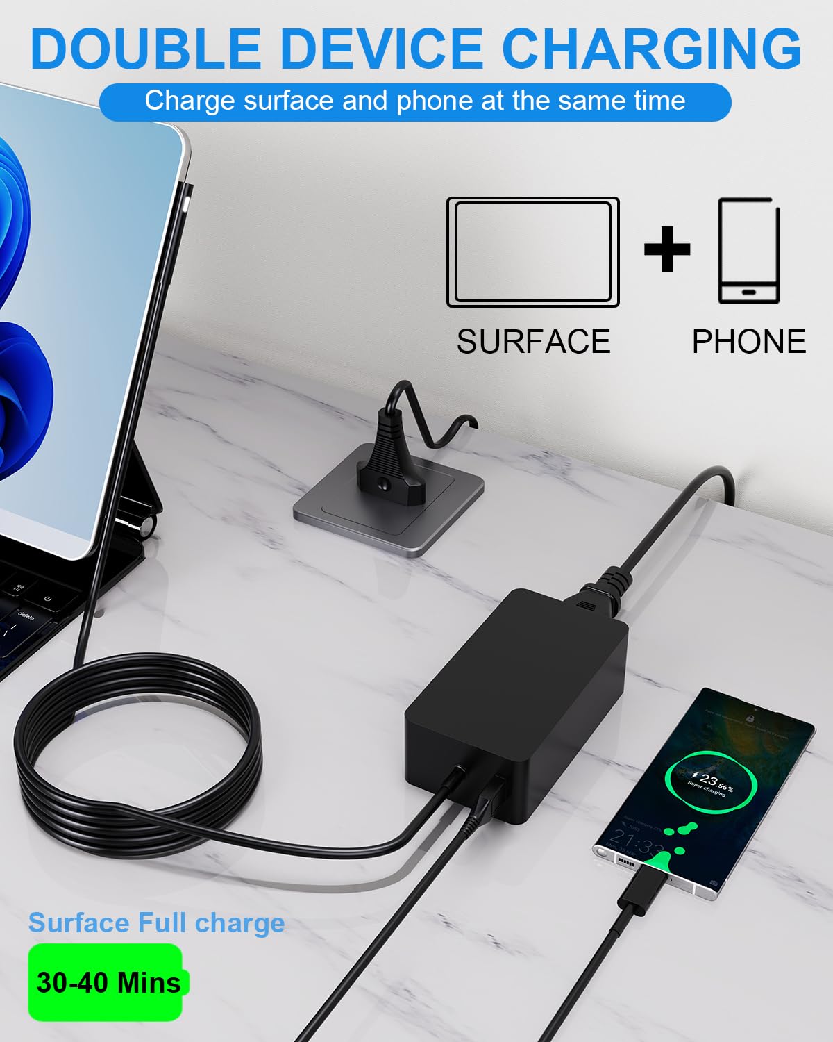 Caricabatterie 65W USB-C Per Microsoft Surface Pro 8/9/10/11/12 E Surface Pro X – Adattatore Compatto Con Cavo Da 1,8 M E Protezioni Multiple