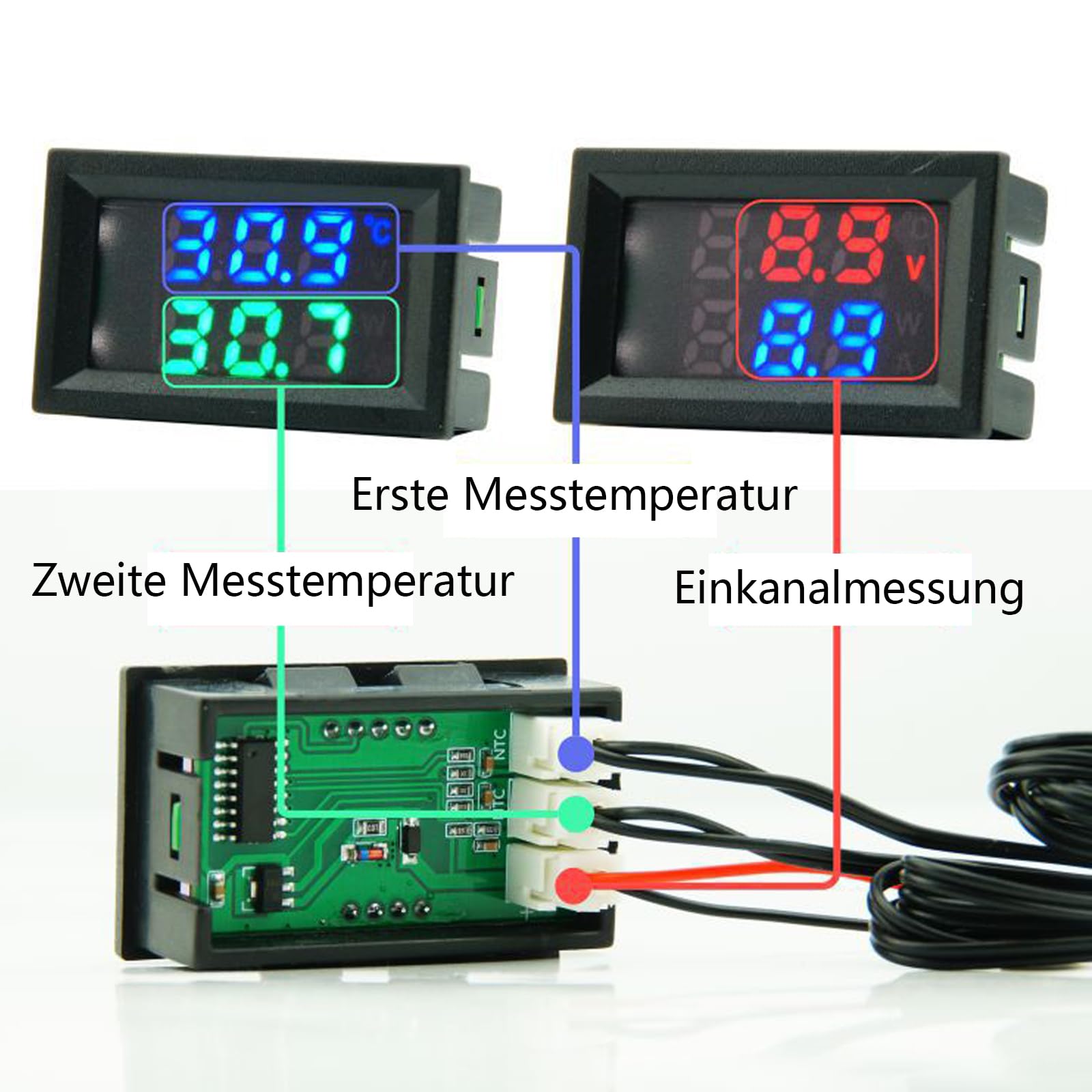 Termometro Digitale Doppio Display 4~30V Alimentazione Diretta Impermeabile Sensore di Temperatura Metallo Rosso Argento Blu