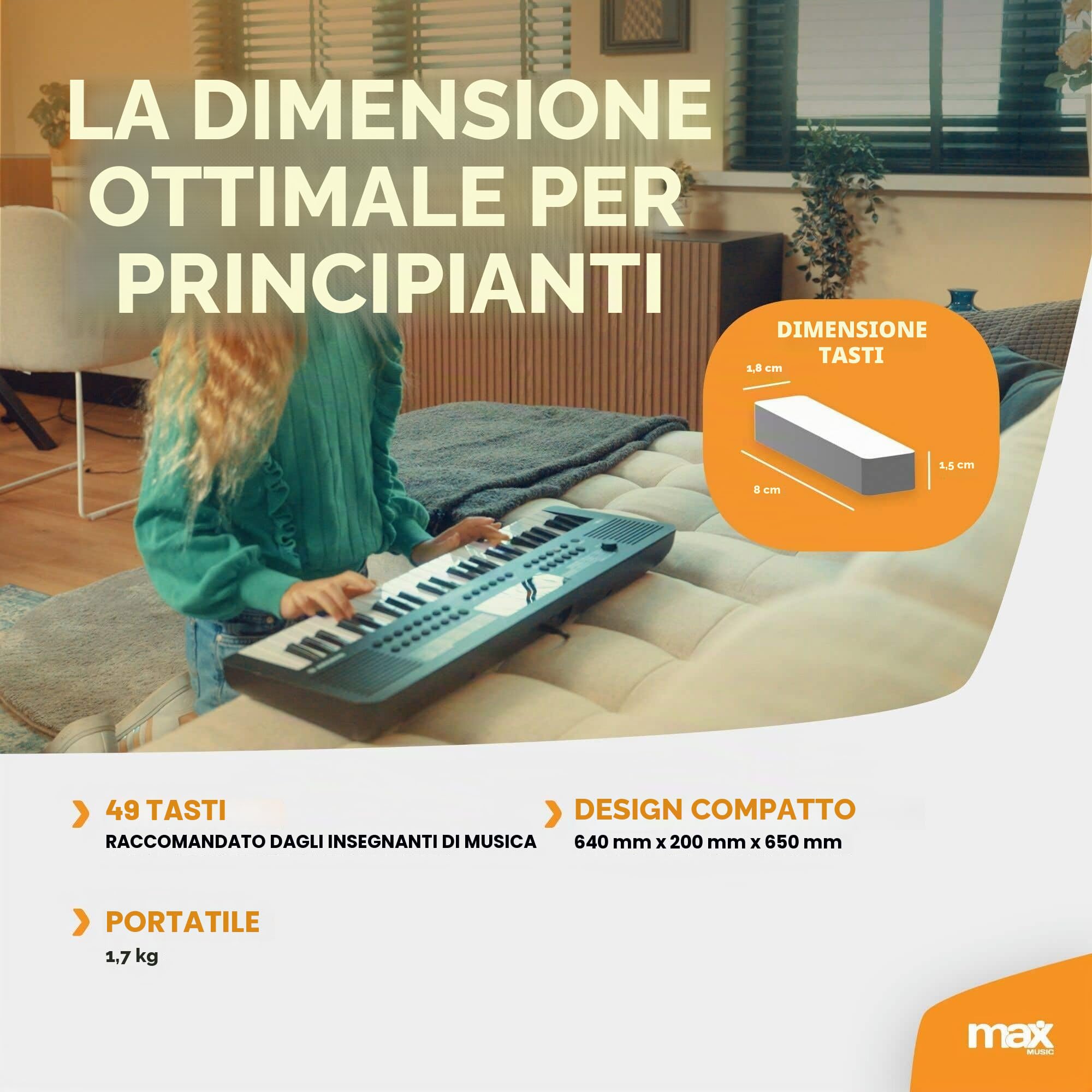MAX Rhapsody - Tastiera elettrica a 49 tasti per principianti, perfetta tastiera elettronica, ideale per principianti, con 6 mesi di lezione, divertente e facile da suonare