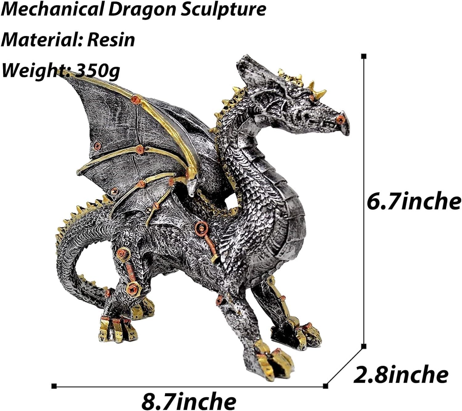furlinkhm Dragon Statue and Carved Sculpture Mechanical Punk Style Dragon Statue Animal Statue Steampunk Modern Home Decor Resin Statue for Coffee Table, Living Room, Entrance, Shelf Decor (Dragon)