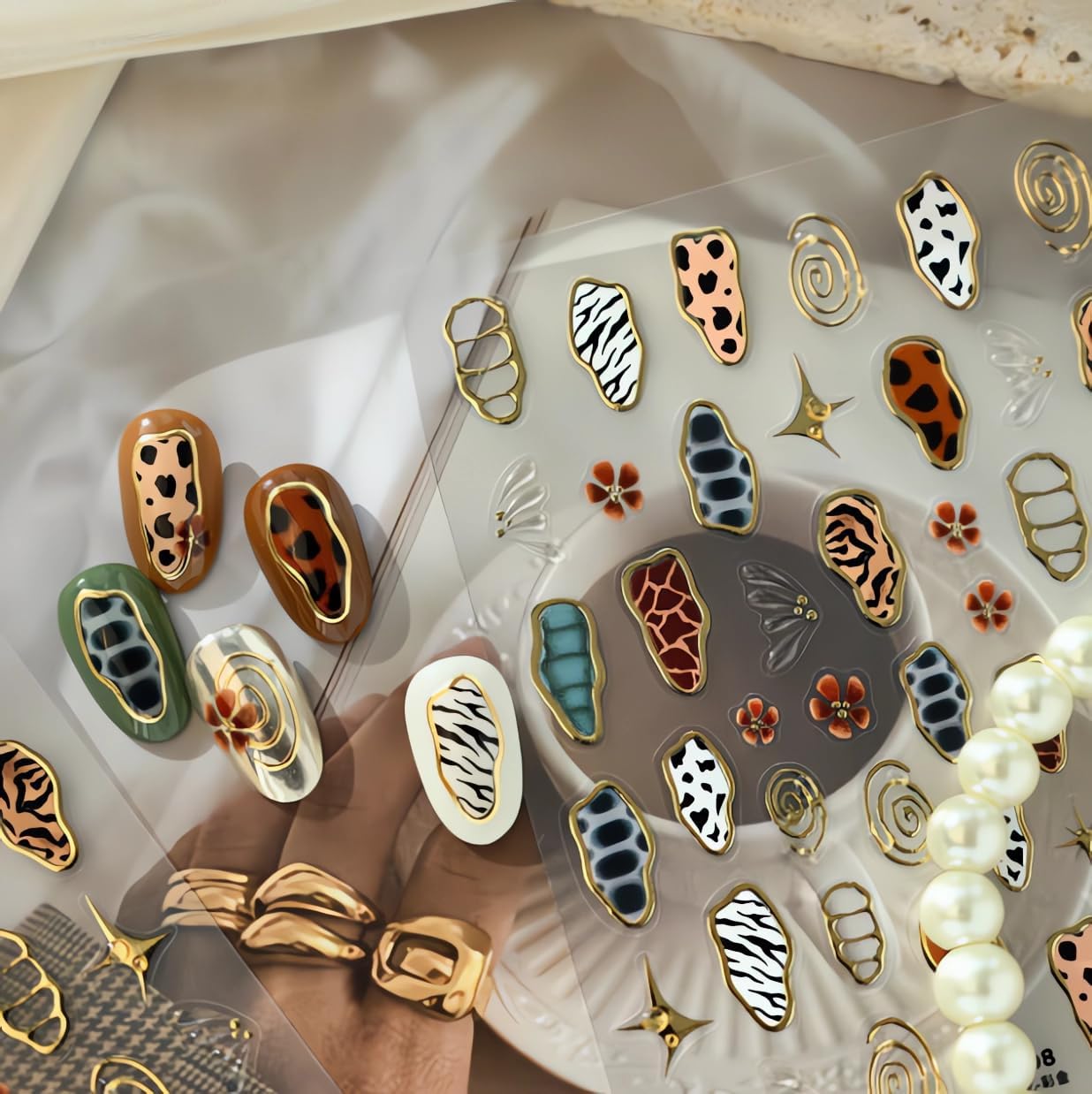 Leopard Print Zebra Stripes Nail Stickers,Cool Nail Sticker for Nails Art Gold Edges Nail Art Stickers, 5D Self Adhesive Nails Decals, 5D Embossed Nail Decals, Hot Stamping Nails Decoration for Women