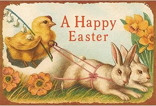Happy Easter Chick Riding Bunny Carriage Metal Sign Fun & Quirky Creativewall Decor Art 8 * 12 Inches Poster For Office Living Room Bedroom Cafes & Gifts