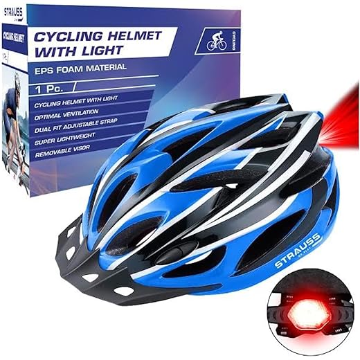 STRAUSS Adjustable Cycling&Skating Helmet With Detachable Visor&Safety Light|Light Weight With Ventilation|Adjustable Strap,Comfortable Chin Pad|Ideal For Men,Women&Kids (Black/Blue,Standard)