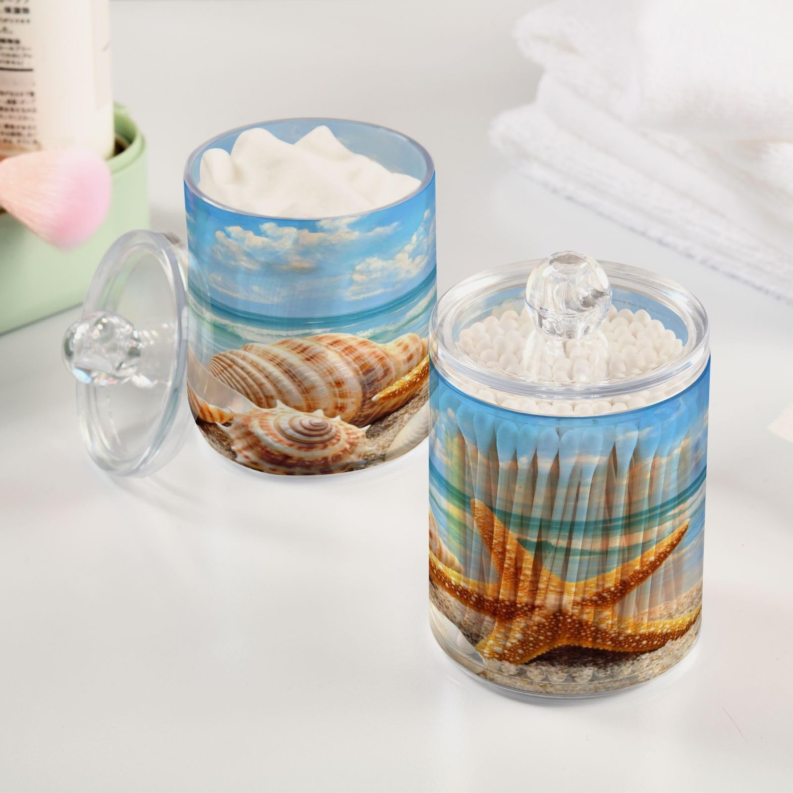 ALAZA 2 Pack Qtip Holder Starfish Shells Beach, Cotton Swab Dispenser with Lid Bathroom Containers Canister Organizer Storage Jar