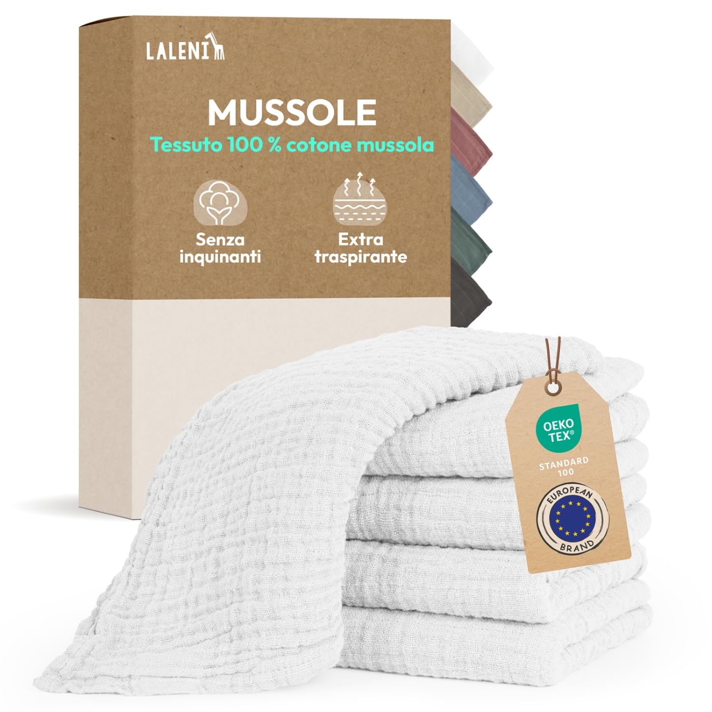 Laleni Mussole Neonato 70x70cm Set da 5 - Asciugamani in Cotone Morbido per Pelli Sensibili - Lavette Extra Assorbenti, Quadrati Bianchi