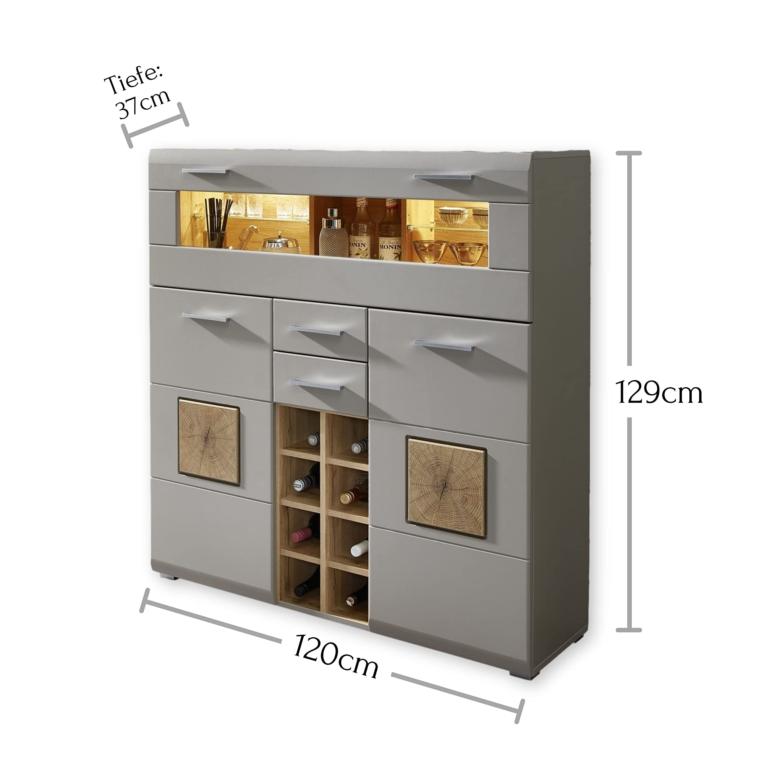 Stella Trading FUN PLUS 2 Barschrank in Basalt mit Hirnholz-Applikationen - Modernes Highboard mit LED-Beleuchtung - 120 x 129 x 37 cm (B/H/T)