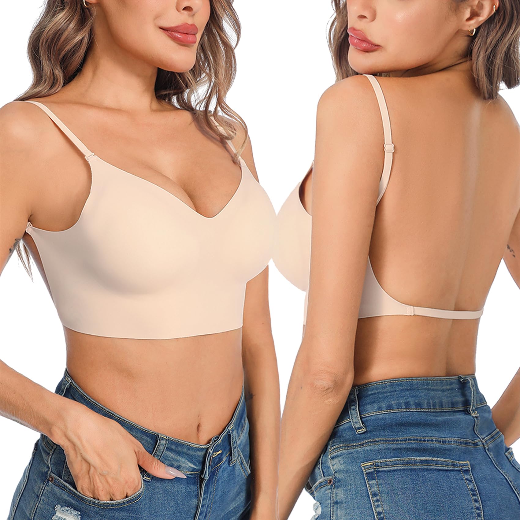 Crewhpo Rückenfrei BH Damen Ohne Bügel Rückenfreier Bralette mit V-Ausschnit Bustier Push Up Bra mit Niedrigem Rücken Invisible Unterwäsche mit Abnehmbaren Trägern S-XL