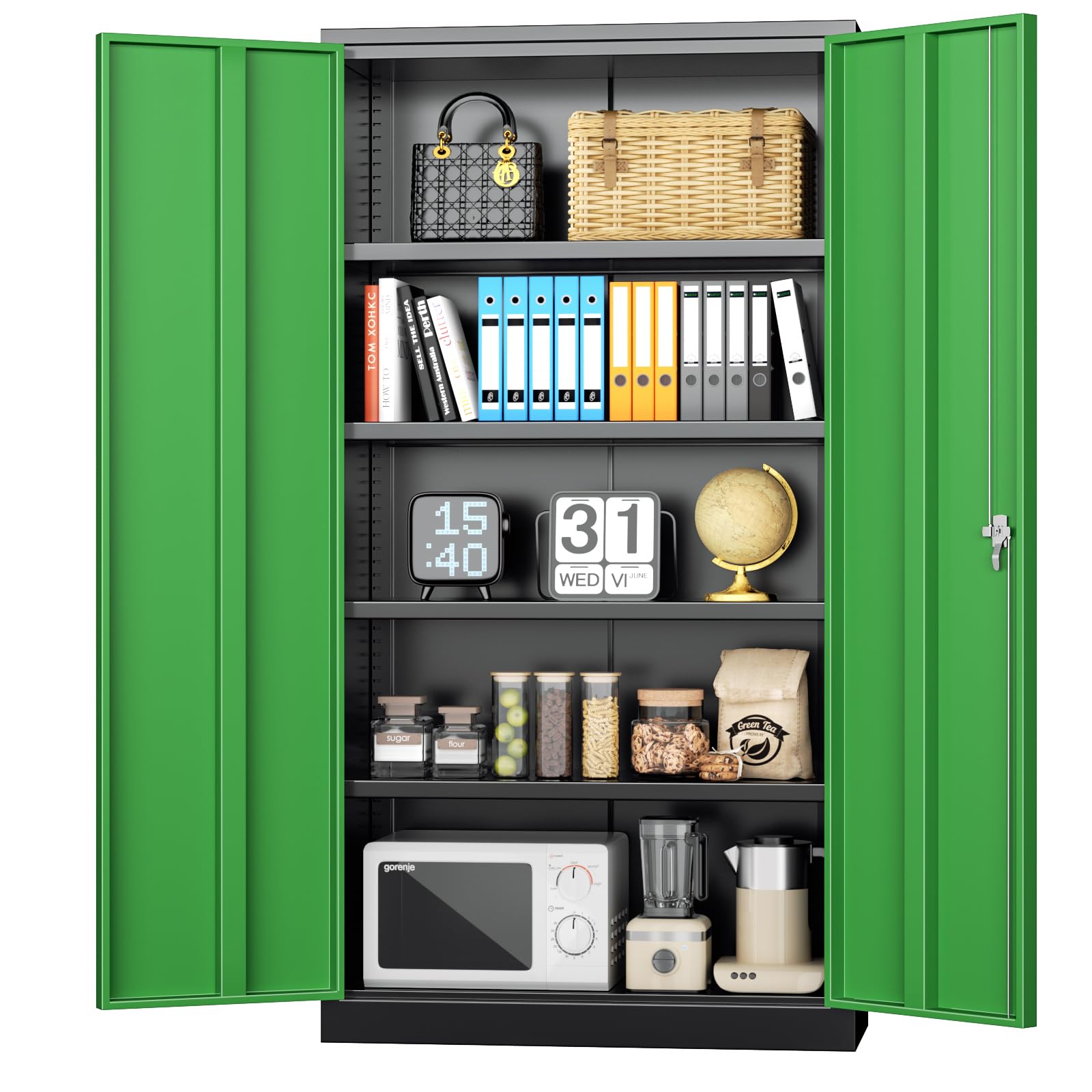 INTERGREAT Metal Storage Cabinet with Doors, 72" Locking Steel Storage Cabinet with Shelves, Tall Metal Cabinet Lockable Steel Cabinets for Home Office, Garage,(Black+Green)