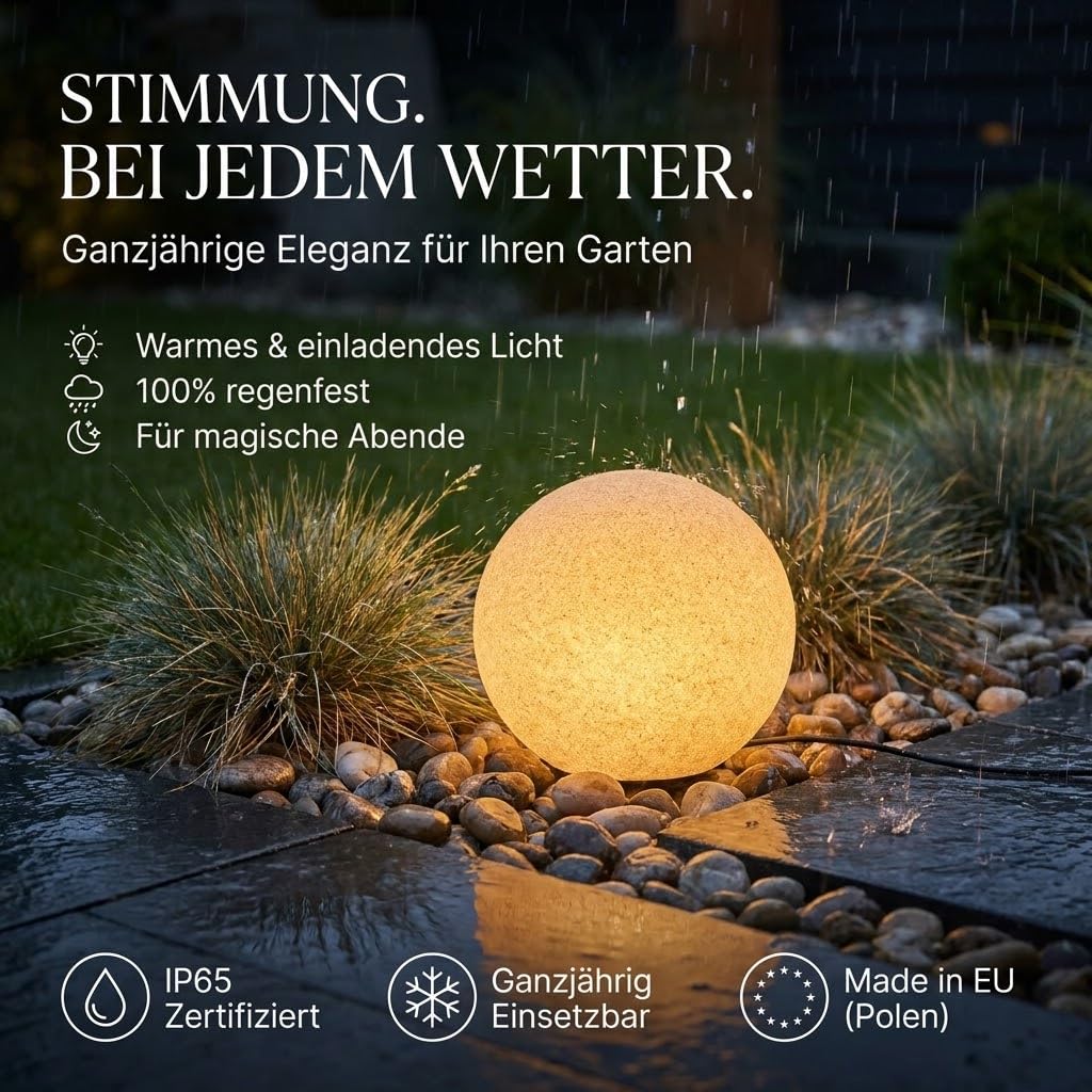 Kugellampen für Außen 30 cm Sandstein IP65, Garten Kugelleuchte E27 ohne Leuchtmittel, Wetterfest mit 3 m Kabel, Leuchtkugel Outdoor LL BELO