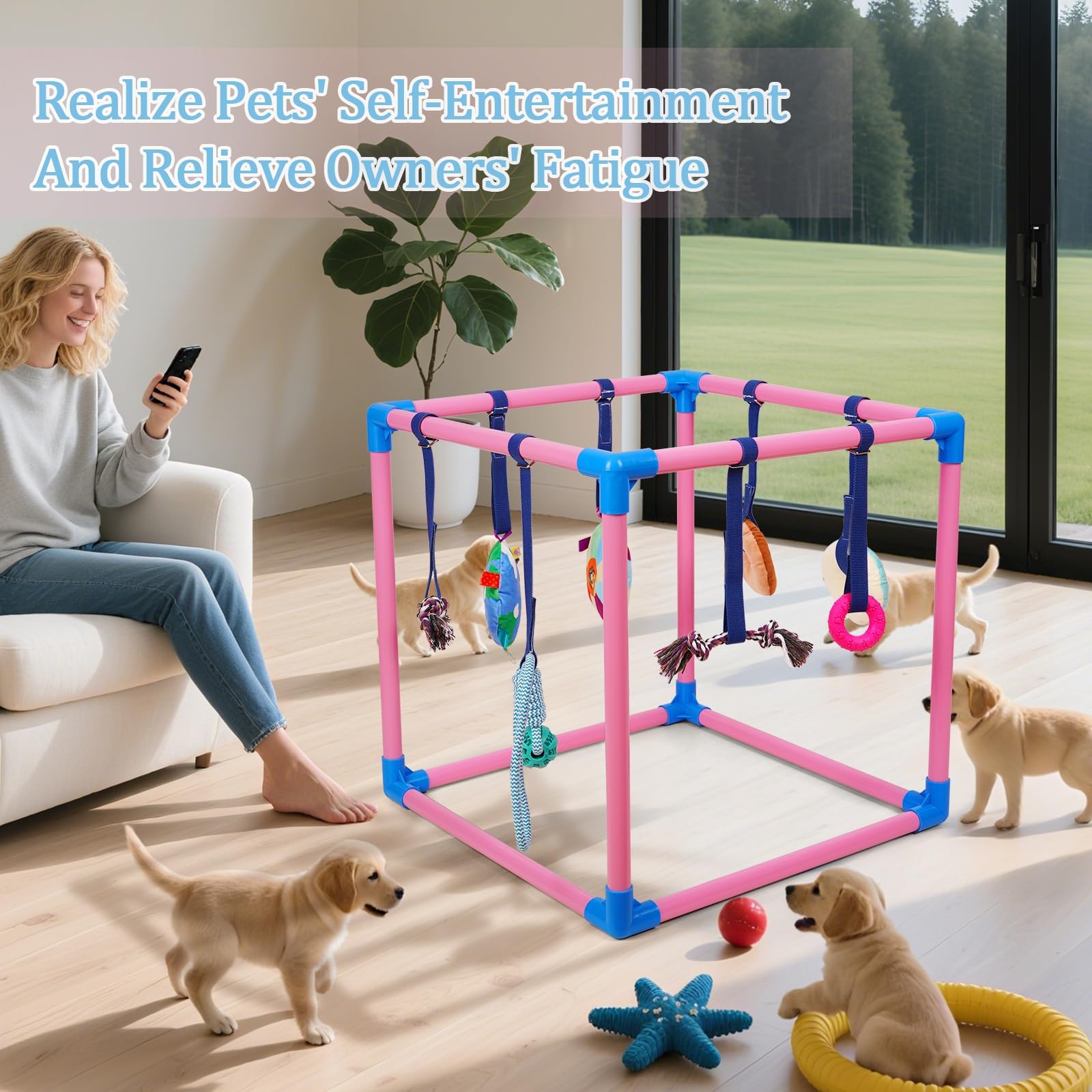 Liitrton Welpenspielstudio – Spielstudio für kleine Hunde mit 8 hängenden Spielzeugen, Indoor-Welpen-Dschungel-Fitnessstudio mit interaktivem Hundespielzeug, 49,5 x 49,5 x 49,5 cm, PVC-Rahmen (Rosa) | 49,5 x 49,5 x 49,5 cm PVC-Rahmen, Indoor-Welpen-Dschun