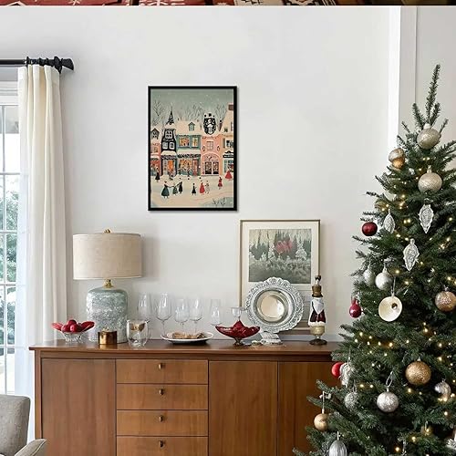 Miniatura 6 de Pósteres retro de Navidad, lienzo retro de pueblo navideño, arte de pared, impresiones acogedoras de escena de invierno para oficina, sala de estar,
