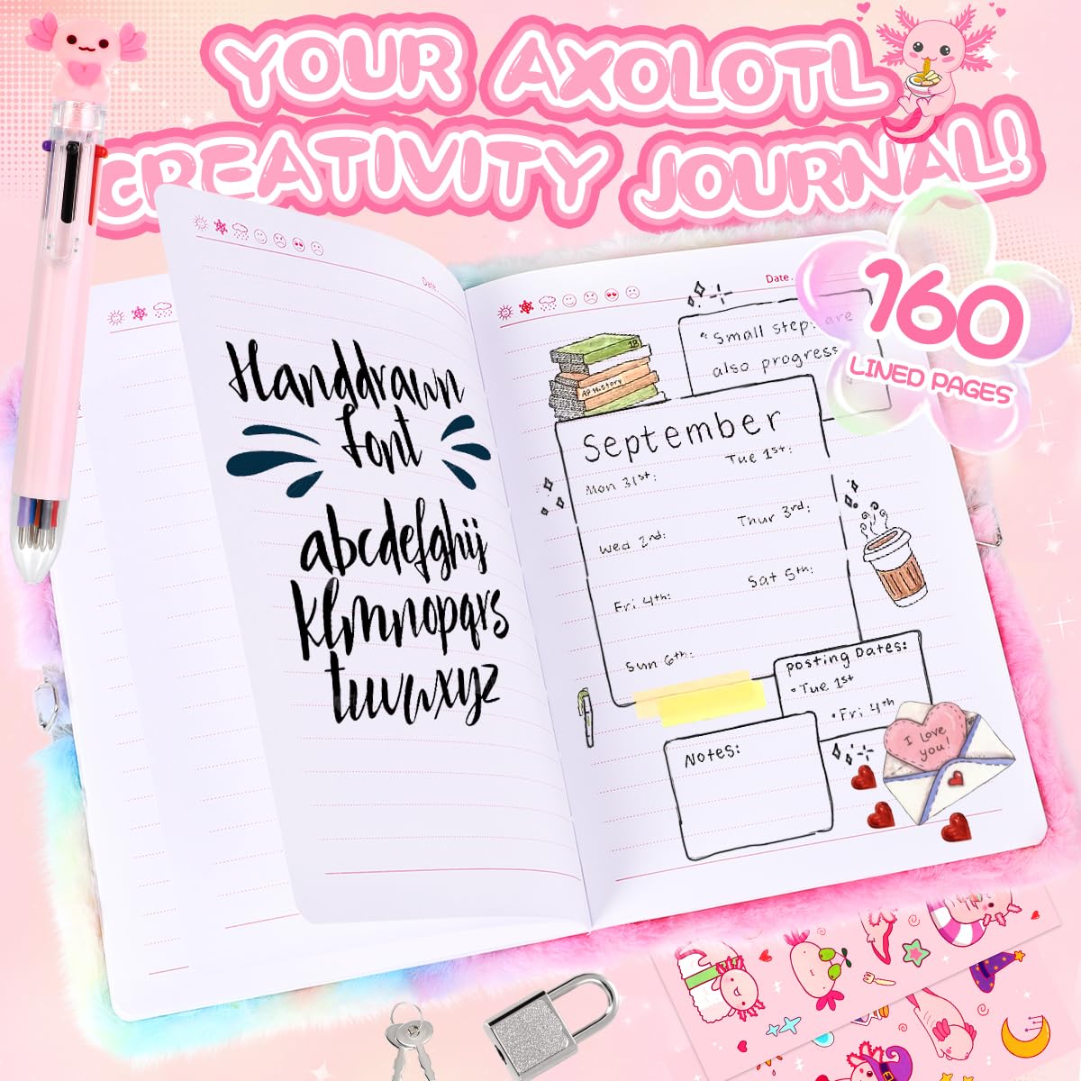 Kit Journal Scrapbooking Axolotl – 44 Pièces, Carnet A5, Stickers Et Cadres, Cadeau Fille Adolescente